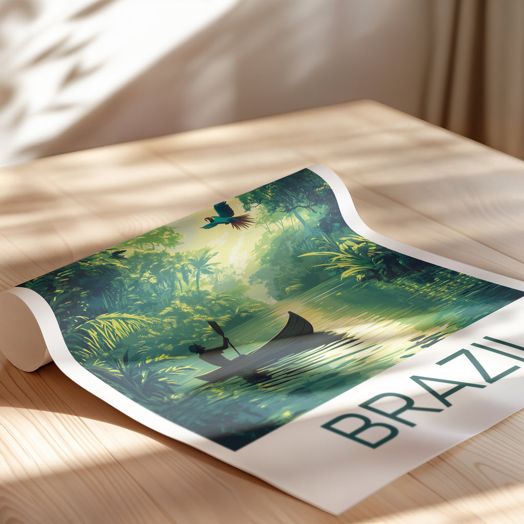 Brazil Amazon Rainforest Travel Poster – Jungle River Canoe & Macaw Illustration Art