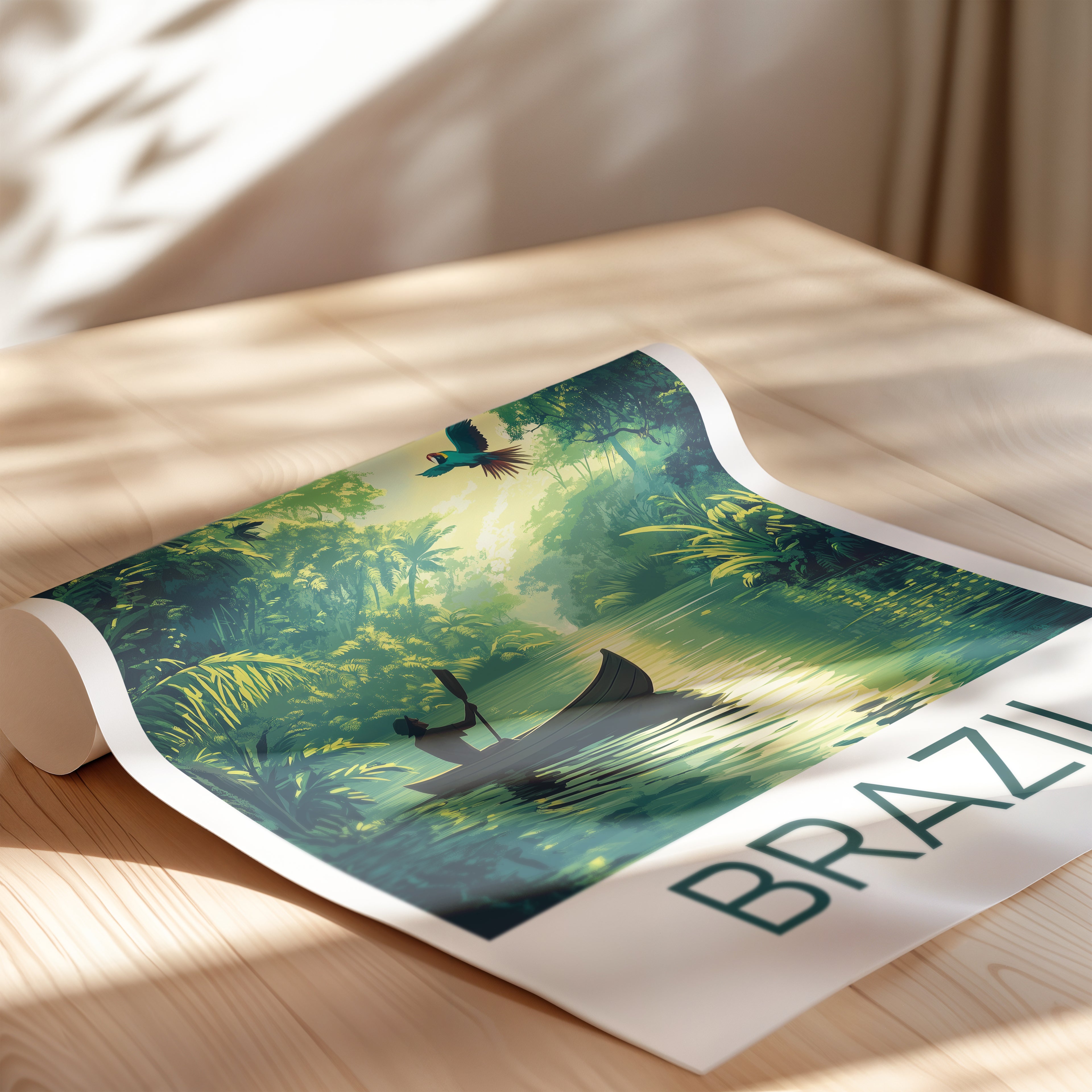 Brazil Amazon Rainforest Travel Poster – Jungle River Canoe & Macaw Illustration Art