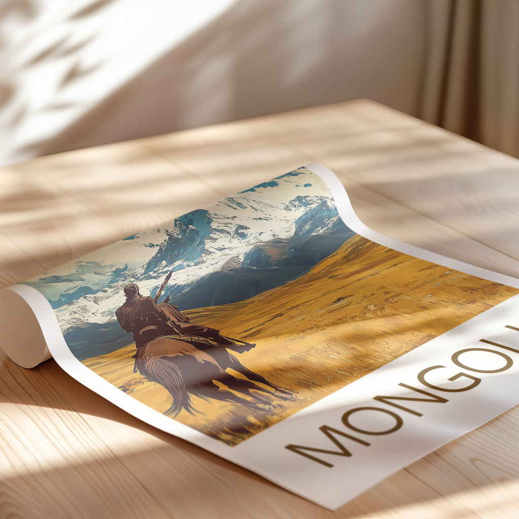 Kazakhstan Travel Poster: Golden Eagle Hunter Steppe Illustration Art