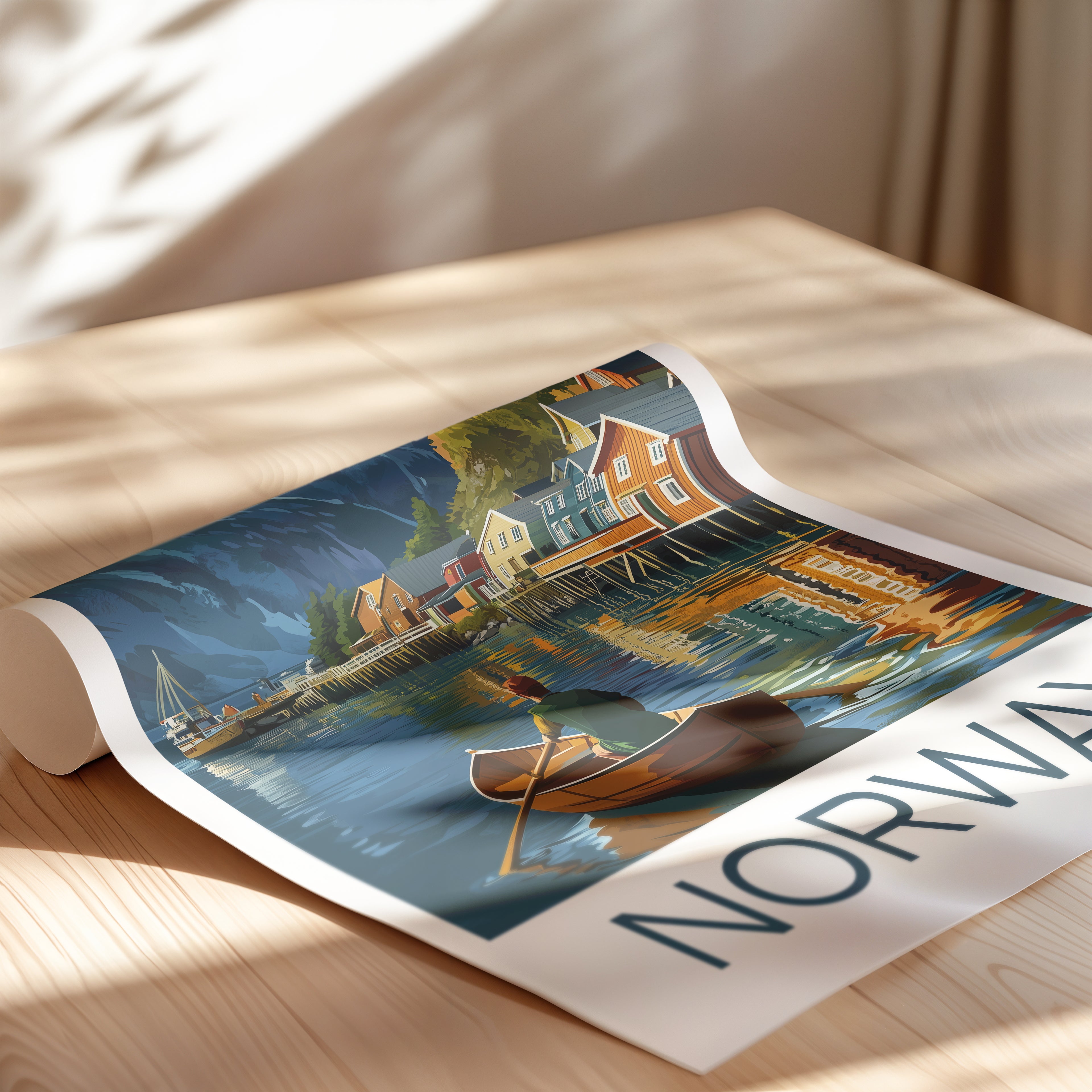 Norway Travel Poster: Nordic Fjord Village Illustration Art