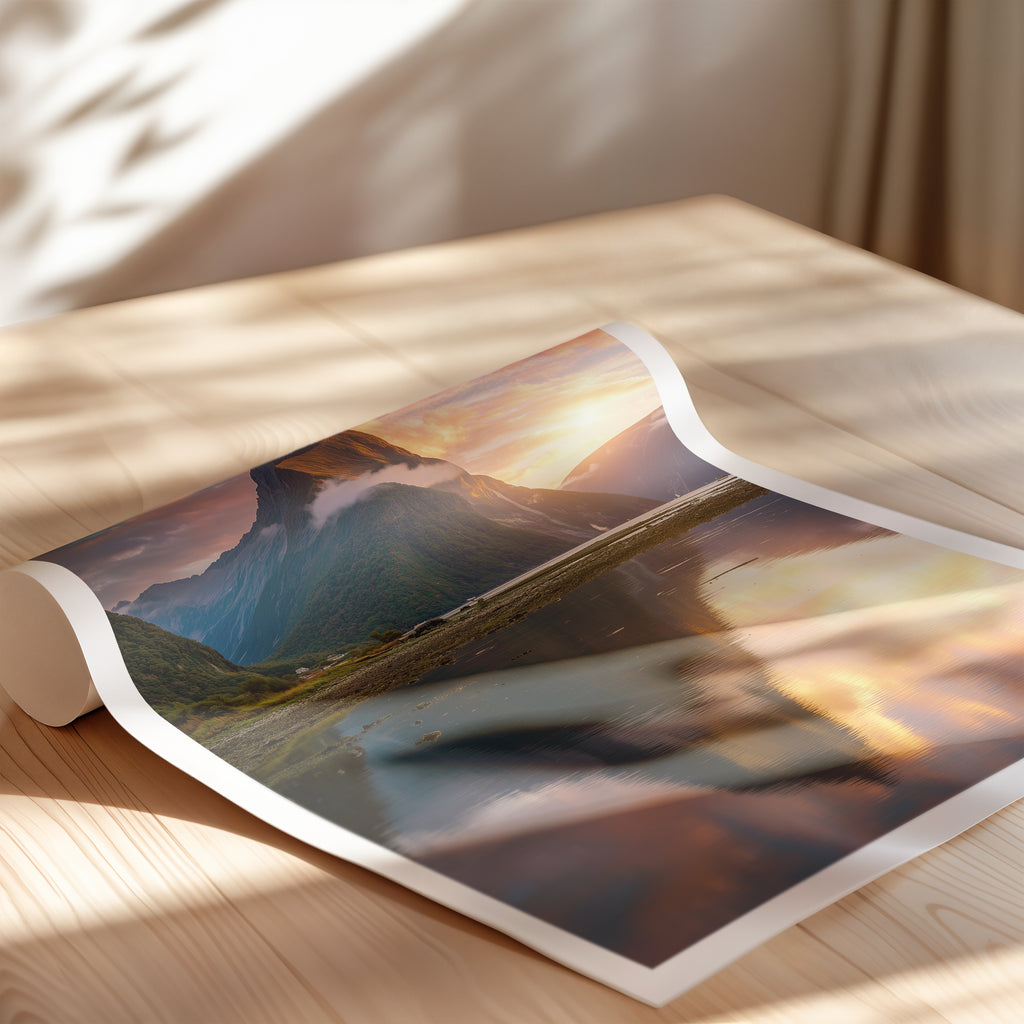 New Zealand Travel Poster – Milford Sound Sunrise Print, Mountain Reflection Wall Art