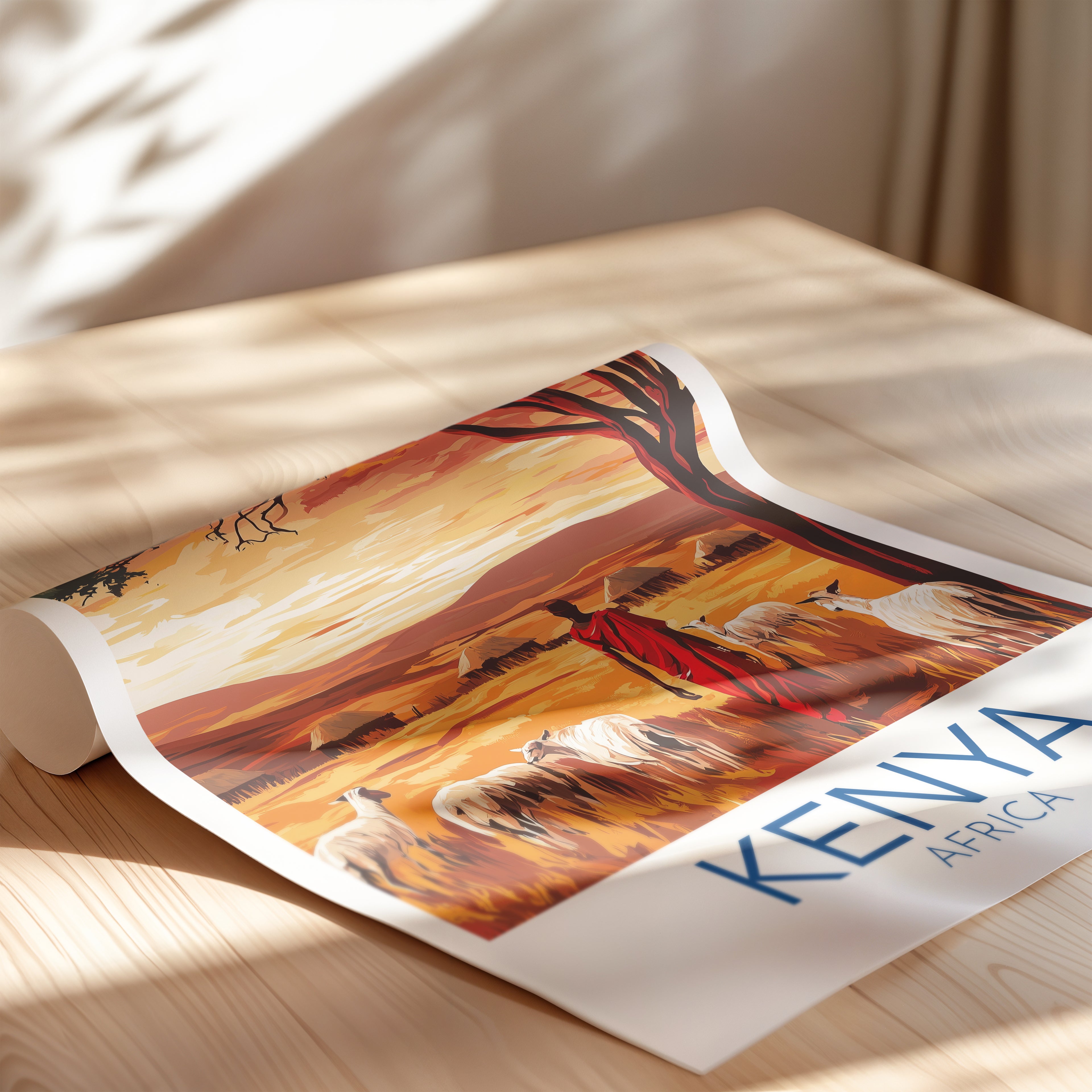Kenya Travel Poster: Maasai Savannah Sunset Illustration Art