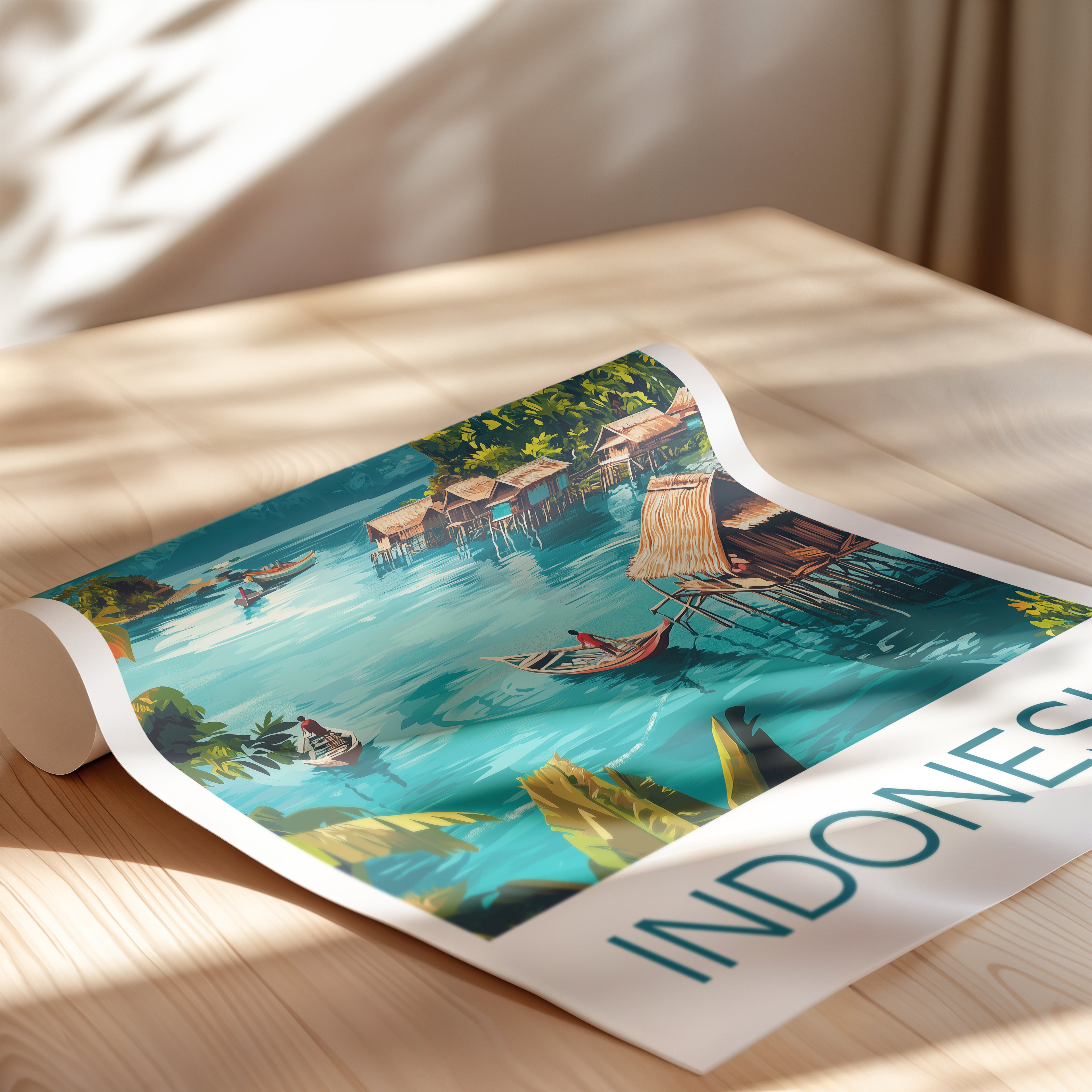 Indonesia Travel Poster: Raja Ampat Tropical Village Illustration Art