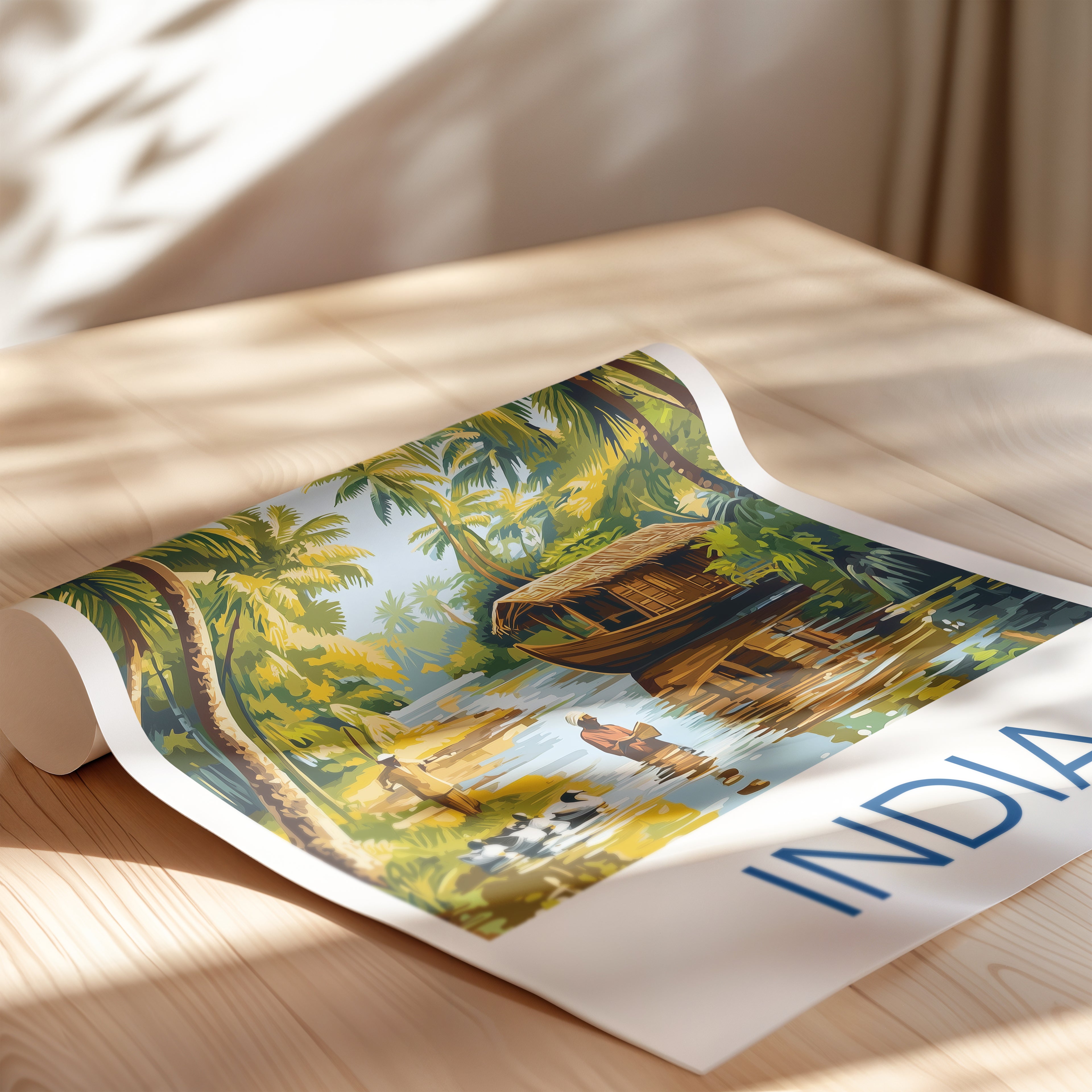 India Travel Poster: Kerala Backwaters Tropical Illustration Art