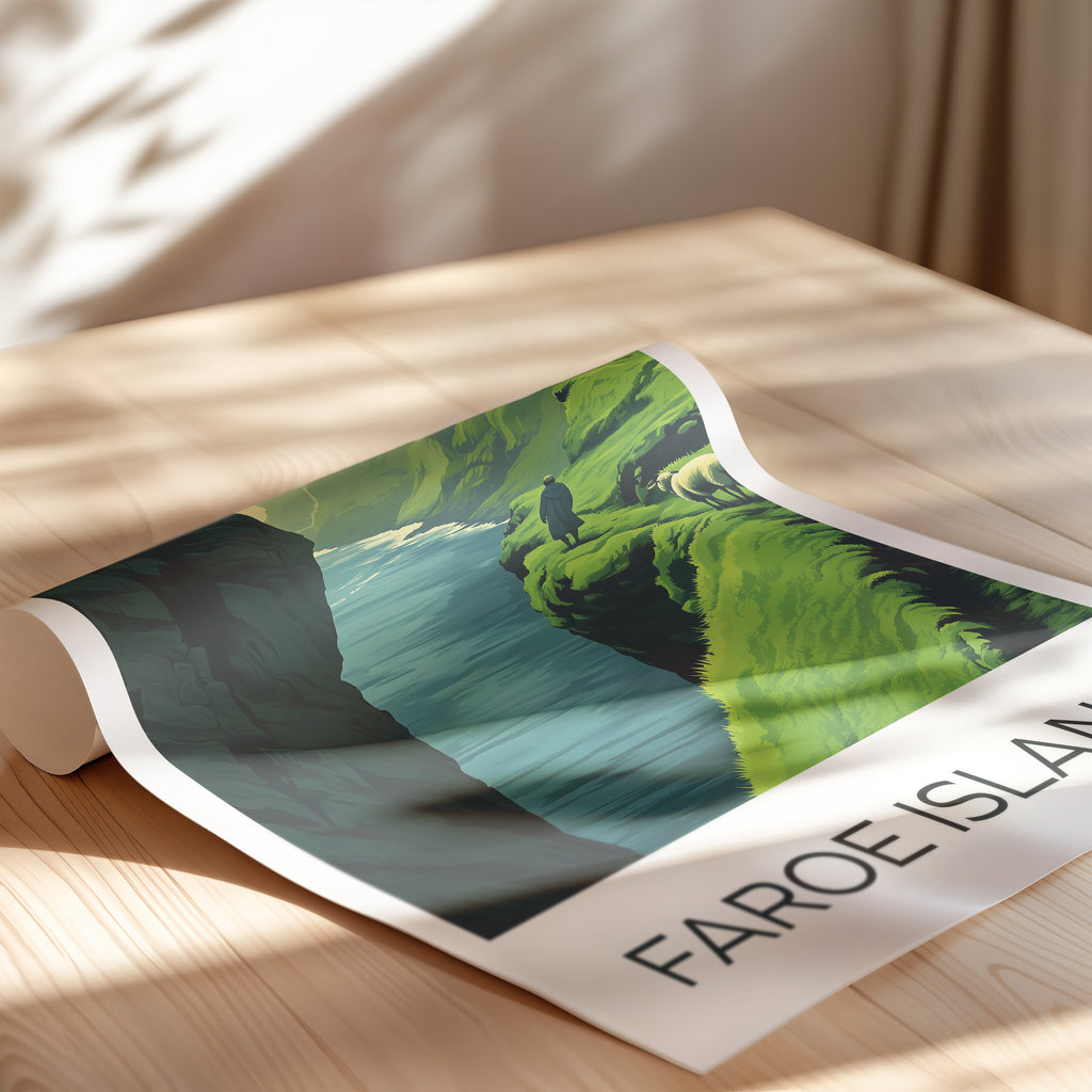 Faroe Islands Cliffside Poster – Nordic Landscape Art Print, Grass Roof Houses & Ocean View Illustration