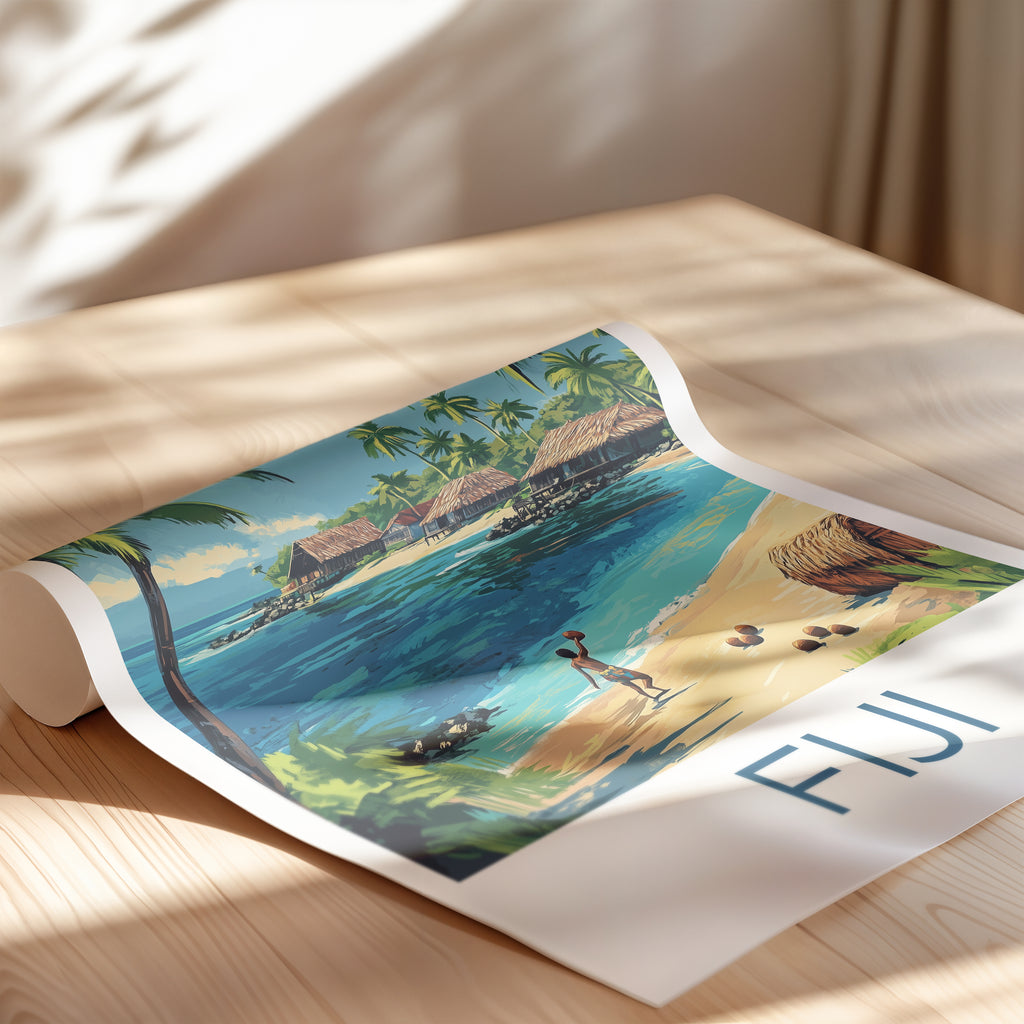 Fiji Travel Poster: Tropical Island Village Illustration Art