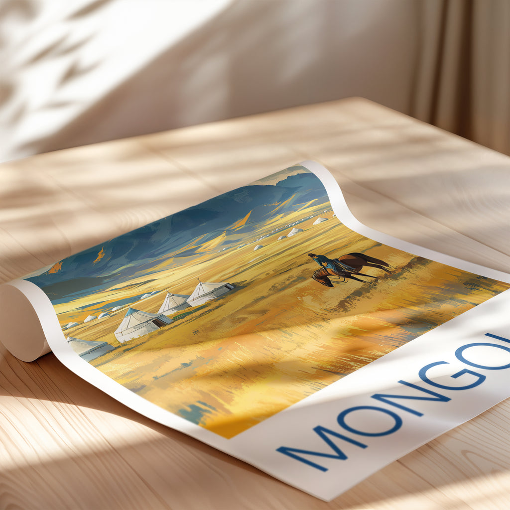 Mongolia Travel Poster: Nomadic Steppe Landscape Illustration Art
