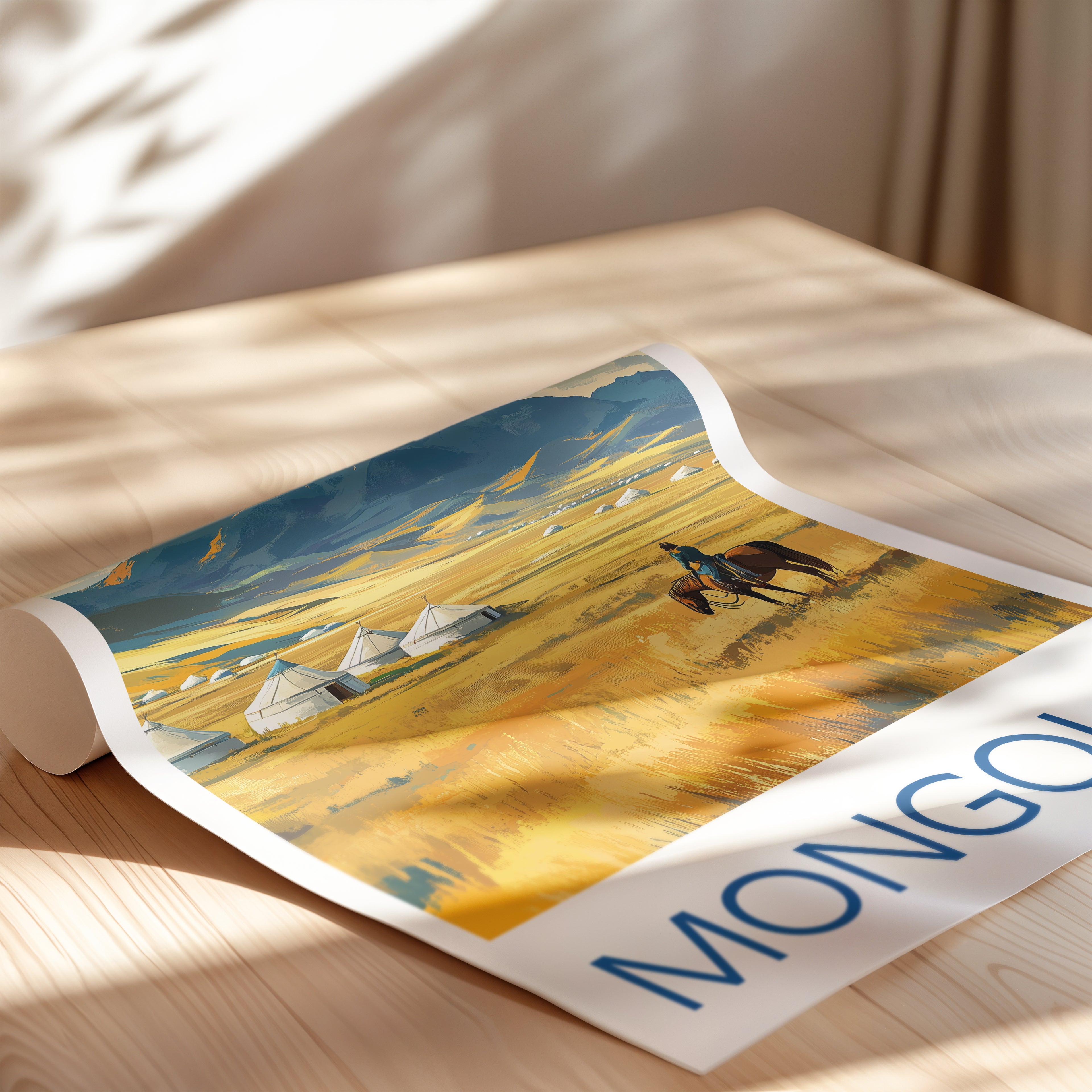Mongolia Travel Poster: Nomadic Steppe Landscape Illustration Art