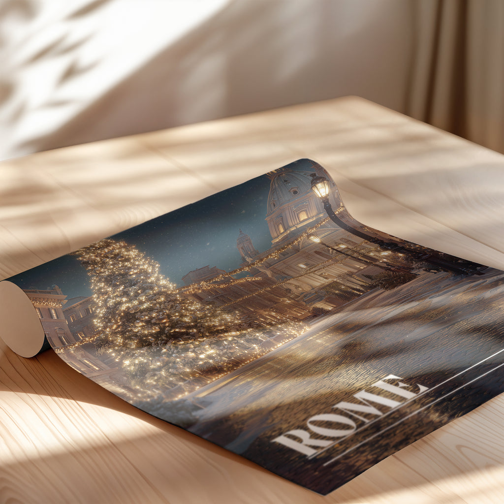 Rome Italy Poster – Christmas Piazza Wall Art, Holiday City Print, Festive Travel Photography Decor