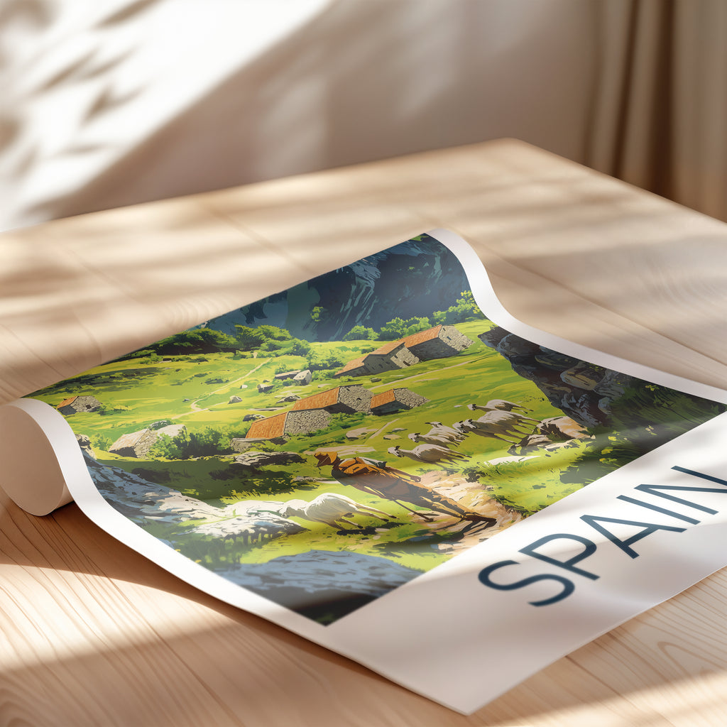 Spain Mountain Village Travel Poster – Picos de Europa Landscape Art Print, Rustic Stone Houses & Shepherd Illustration