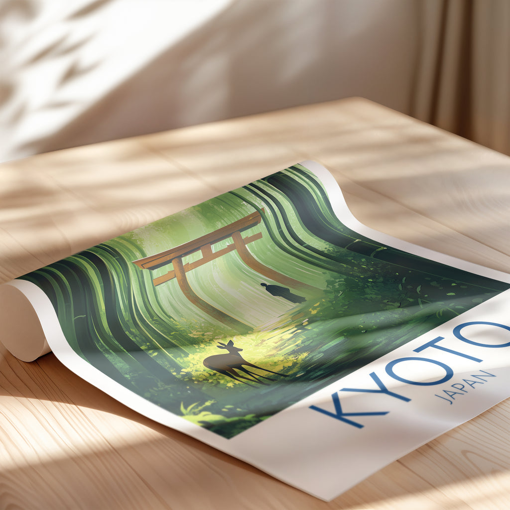 Kyoto Japan Travel Poster: Bamboo Forest Torii Illustration Art