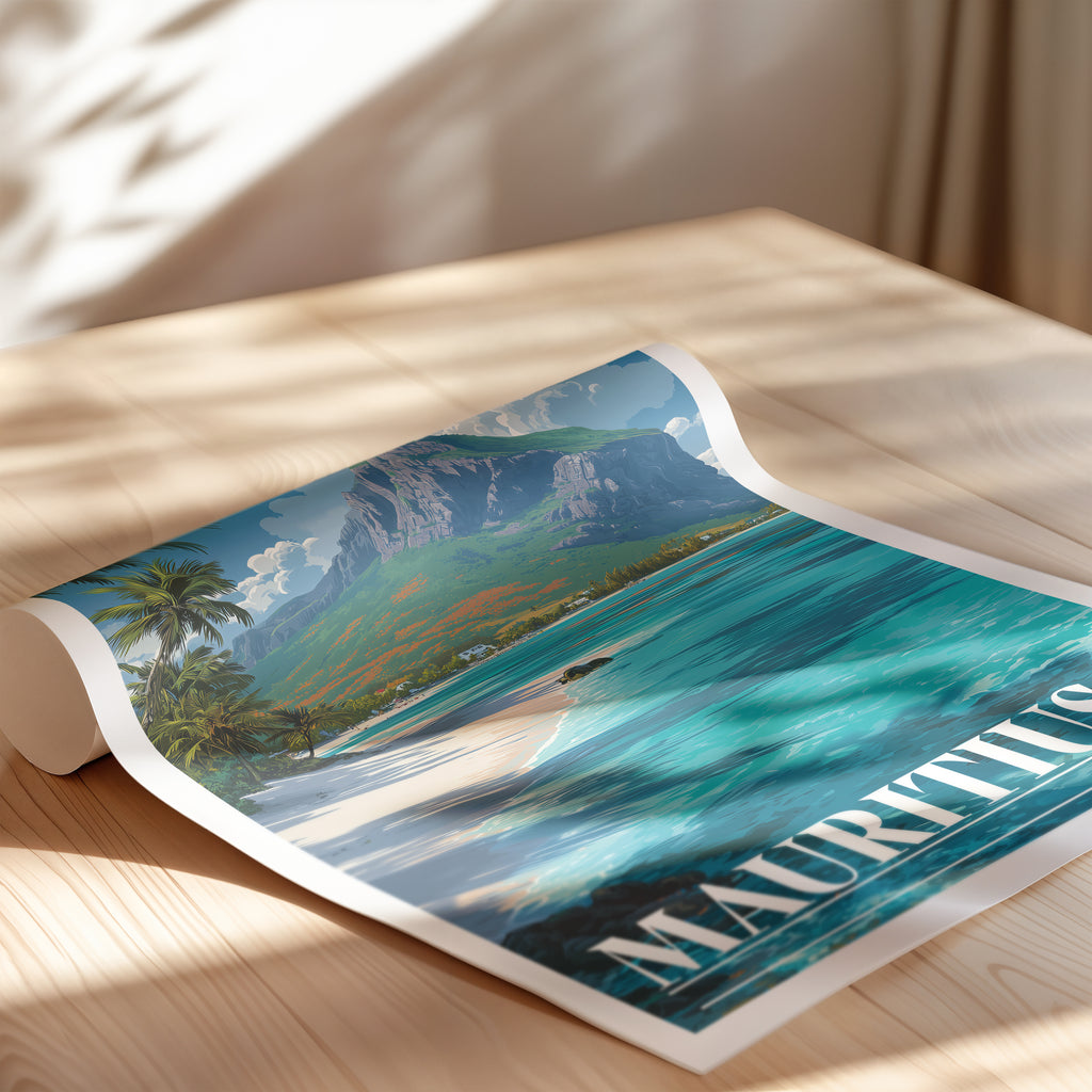 Mauritius Travel Poster: Le Morne Brabant Print, Indian Ocean Wall Art