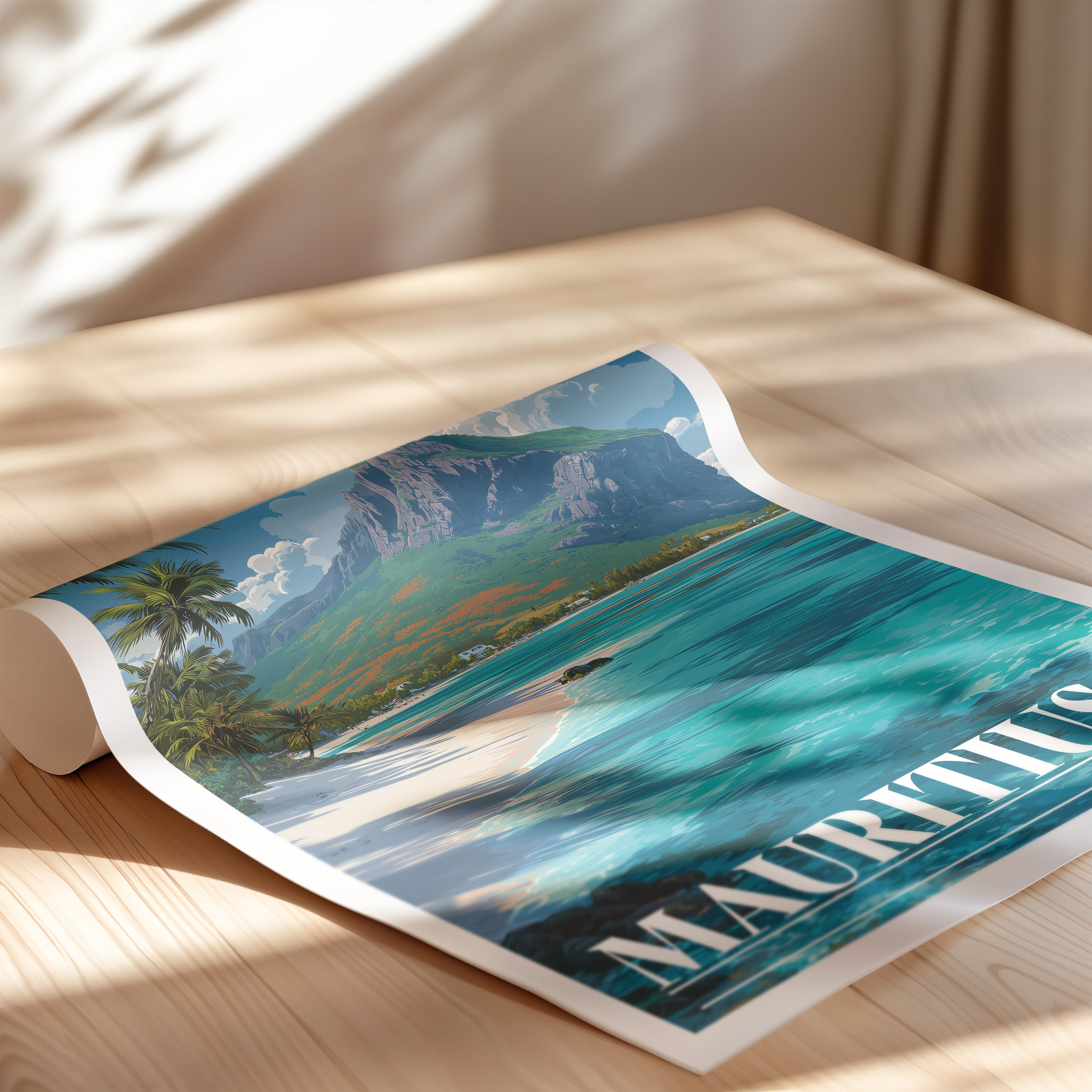 Mauritius Travel Poster: Le Morne Brabant Print, Indian Ocean Wall Art