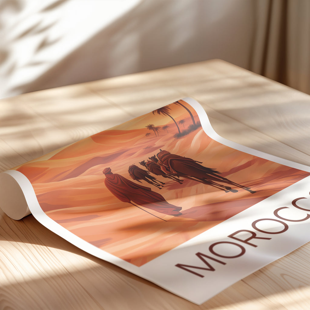 Morocco Travel Poster: Sahara Desert Sunset Illustration Art