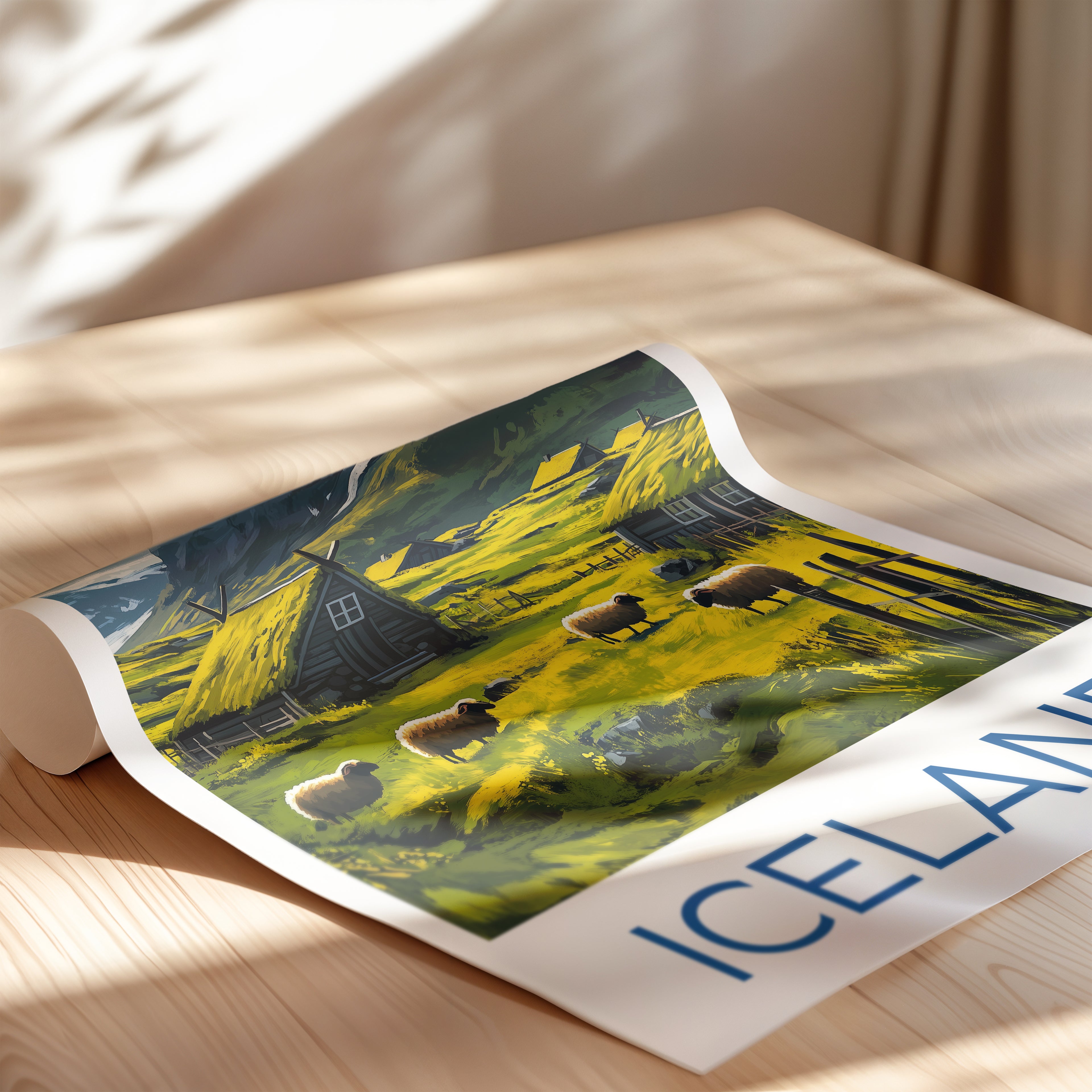 Iceland Travel Poster: Nordic Mountain Village Illustration Art