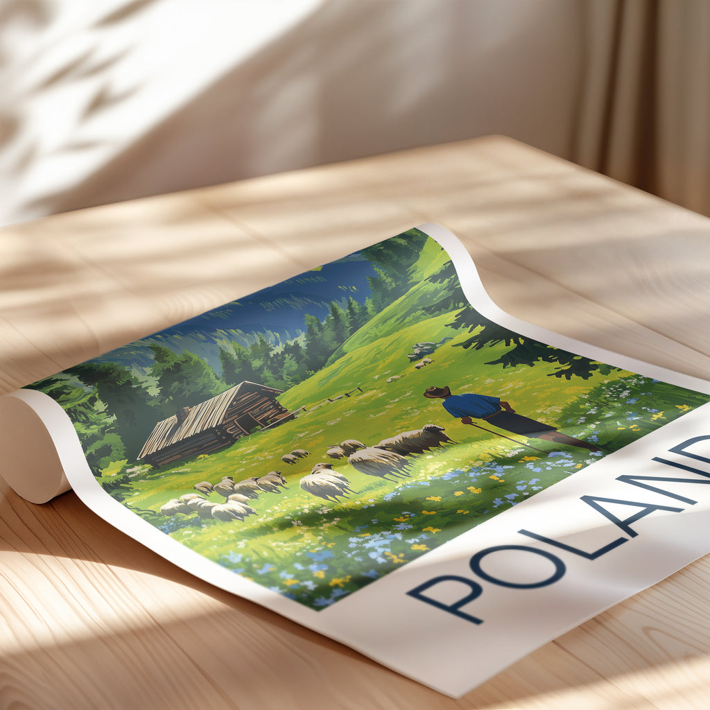 Poland Travel Poster – Tatra Mountains Shepherd & Alpine Cabin Landscape Art Print