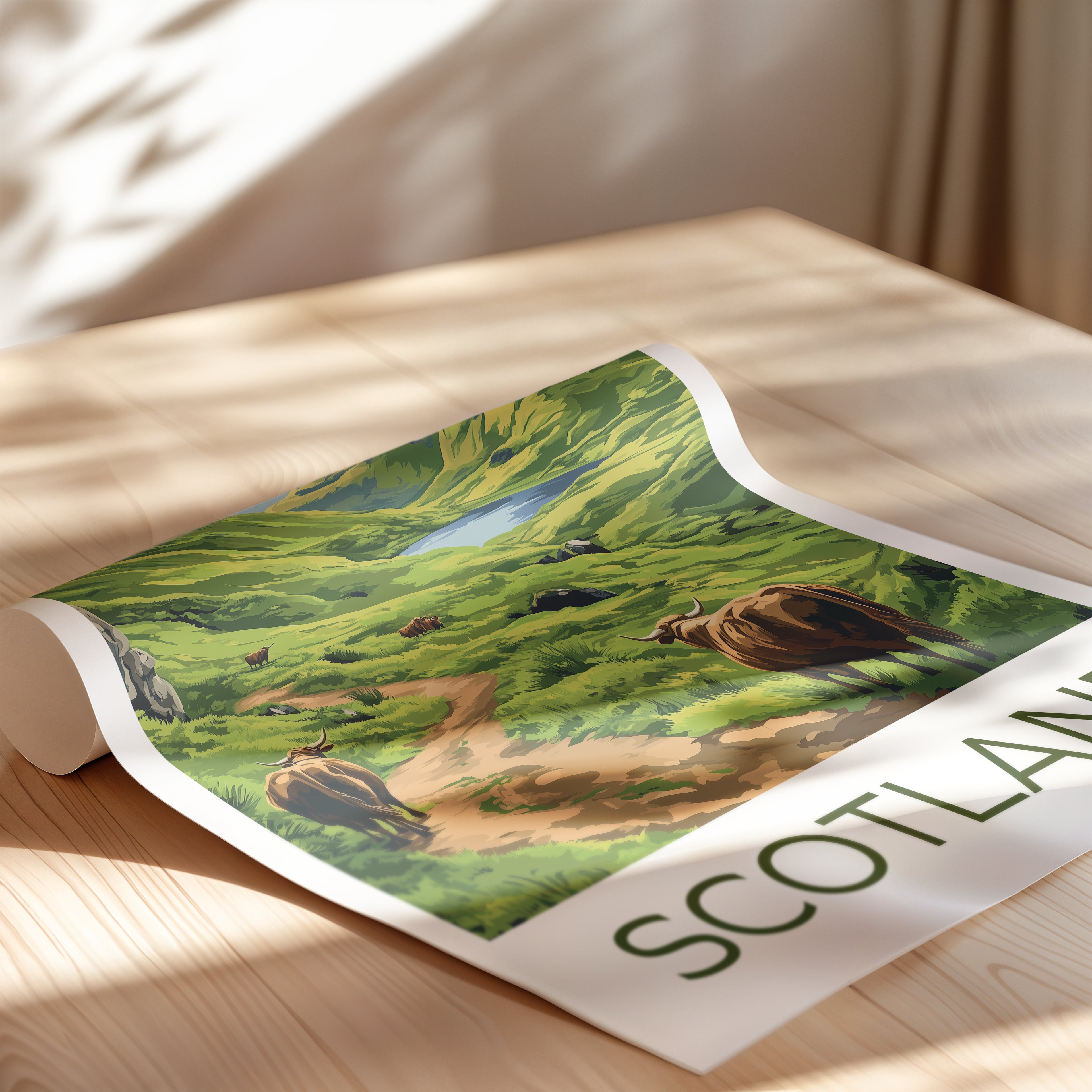Scotland Highlands Travel Poster – Green Valley Landscape with Highland Cows Illustration Art