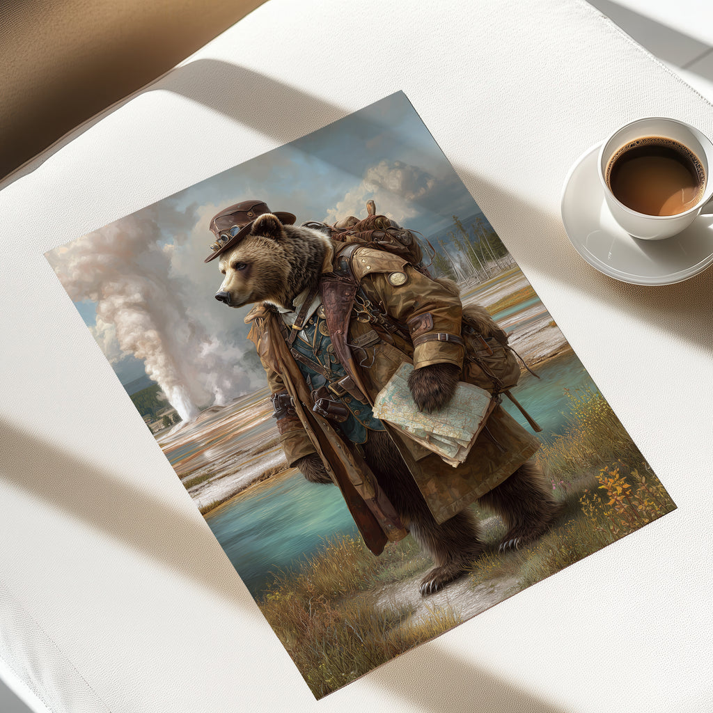 Grizzly Explorer Poster – Steampunk Bear Wall Art, Wilderness Adventure Animal Print