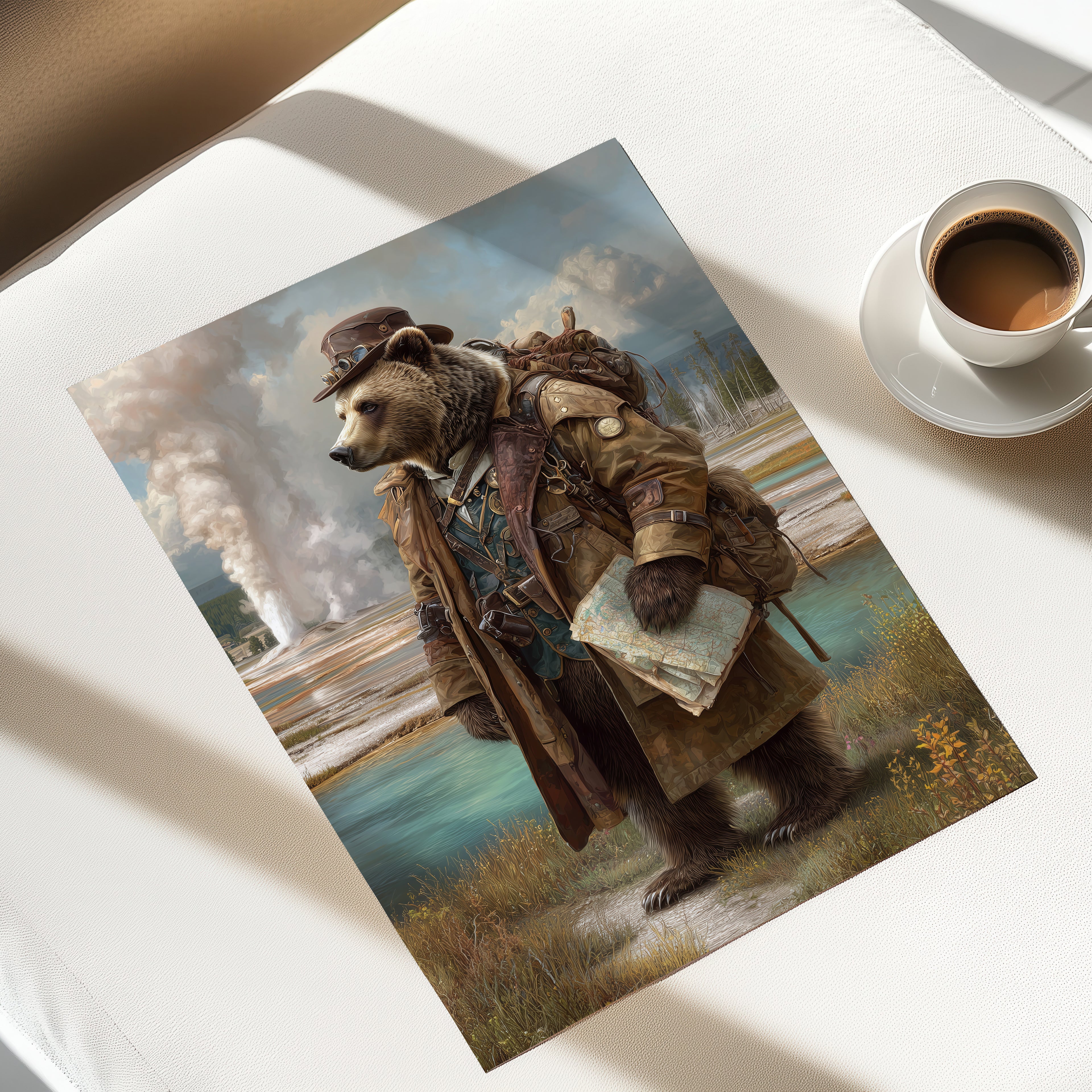 Grizzly Explorer Poster – Steampunk Bear Wall Art, Wilderness Adventure Animal Print