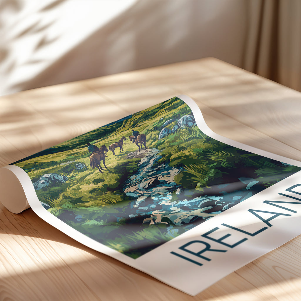 Ireland Landscape Poster – Irish Highlands Horse Riders, Green Valley & Mountain Art Print