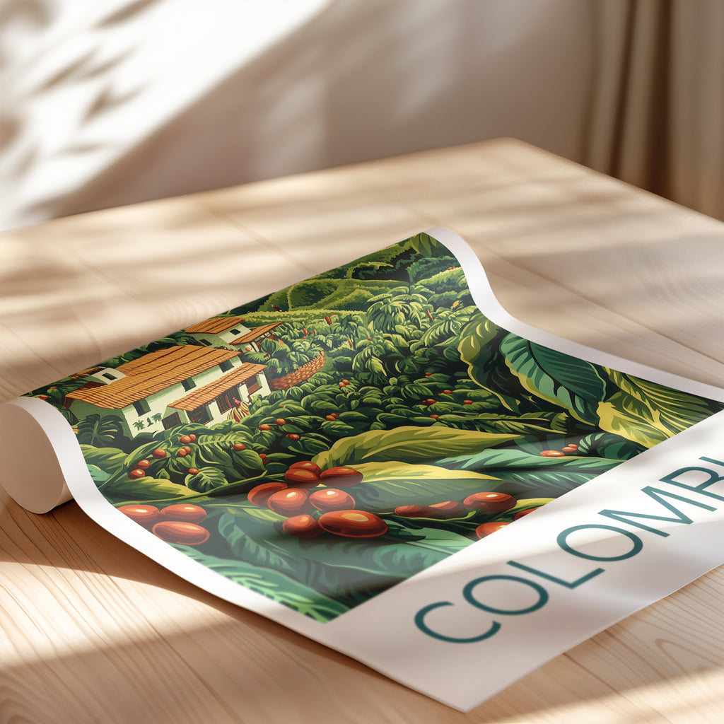 Colombia Coffee Farm Travel Poster – Eje Cafetero Landscape Illustration Art