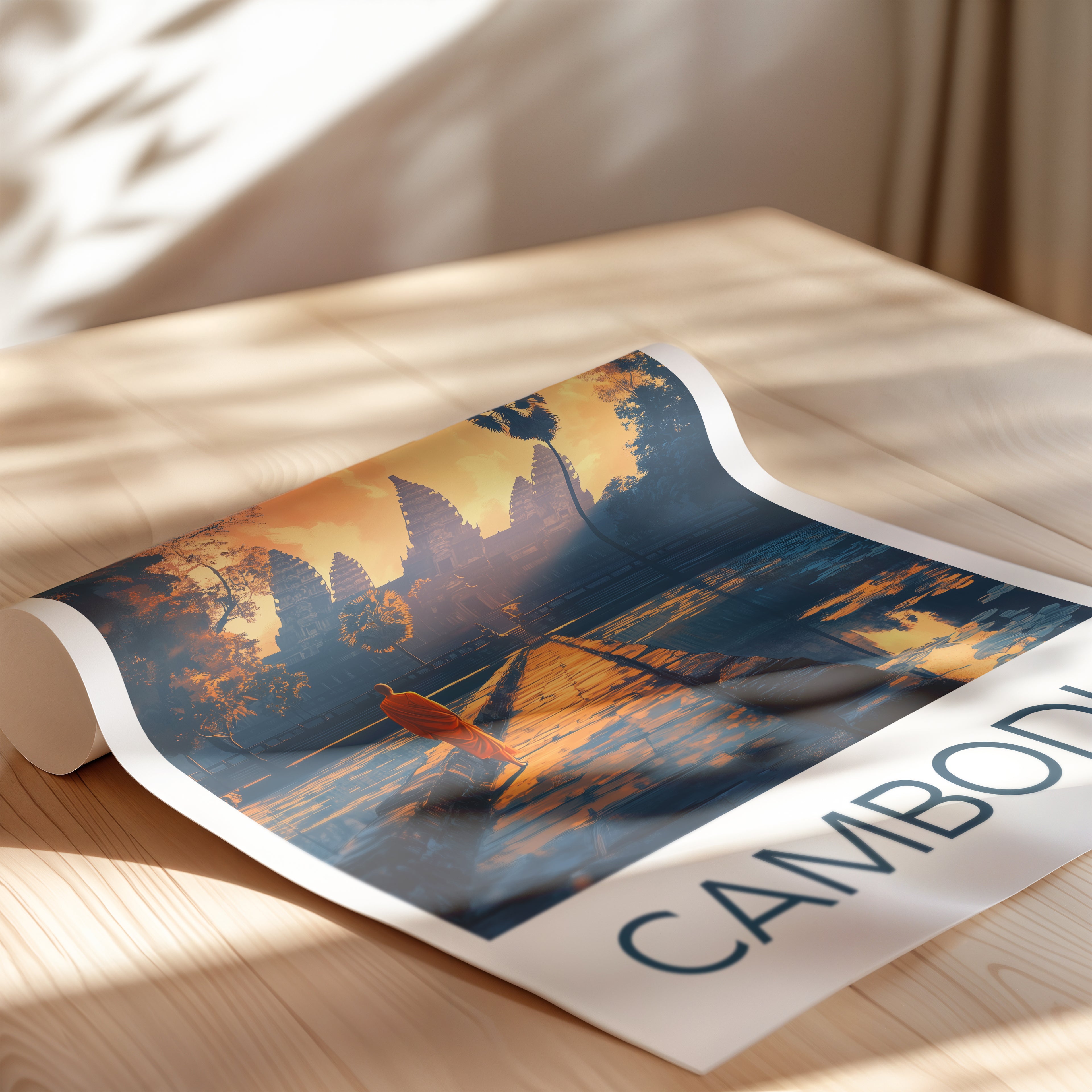 Cambodia Travel Poster: Angkor Wat Sunrise Illustration Art