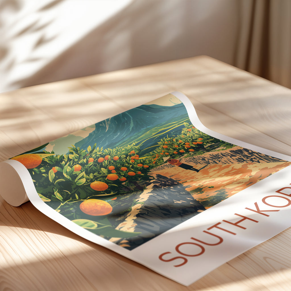 South Korea Travel Poster: Jeju Tangerine Farm Illustration Art
