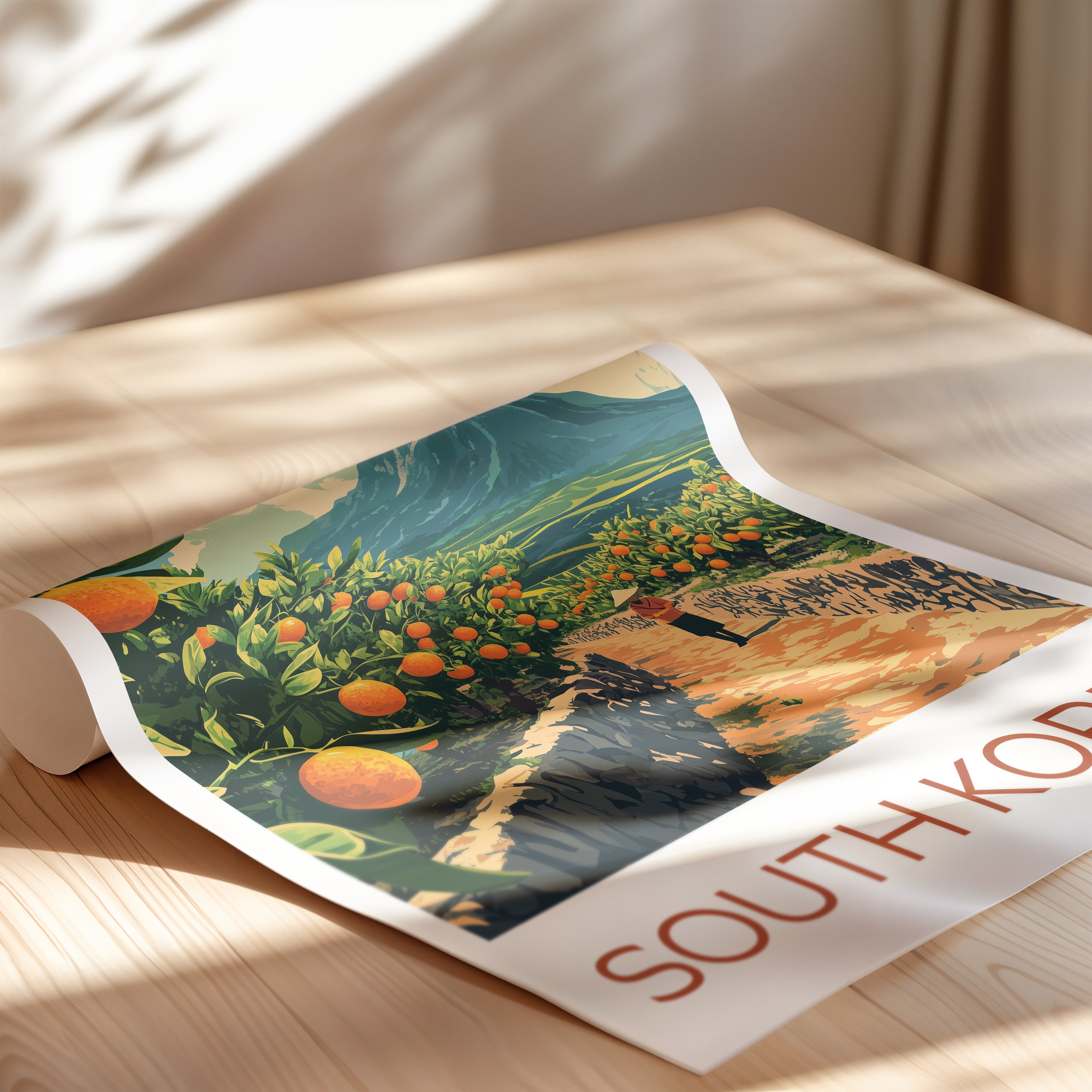 South Korea Travel Poster: Jeju Tangerine Farm Illustration Art