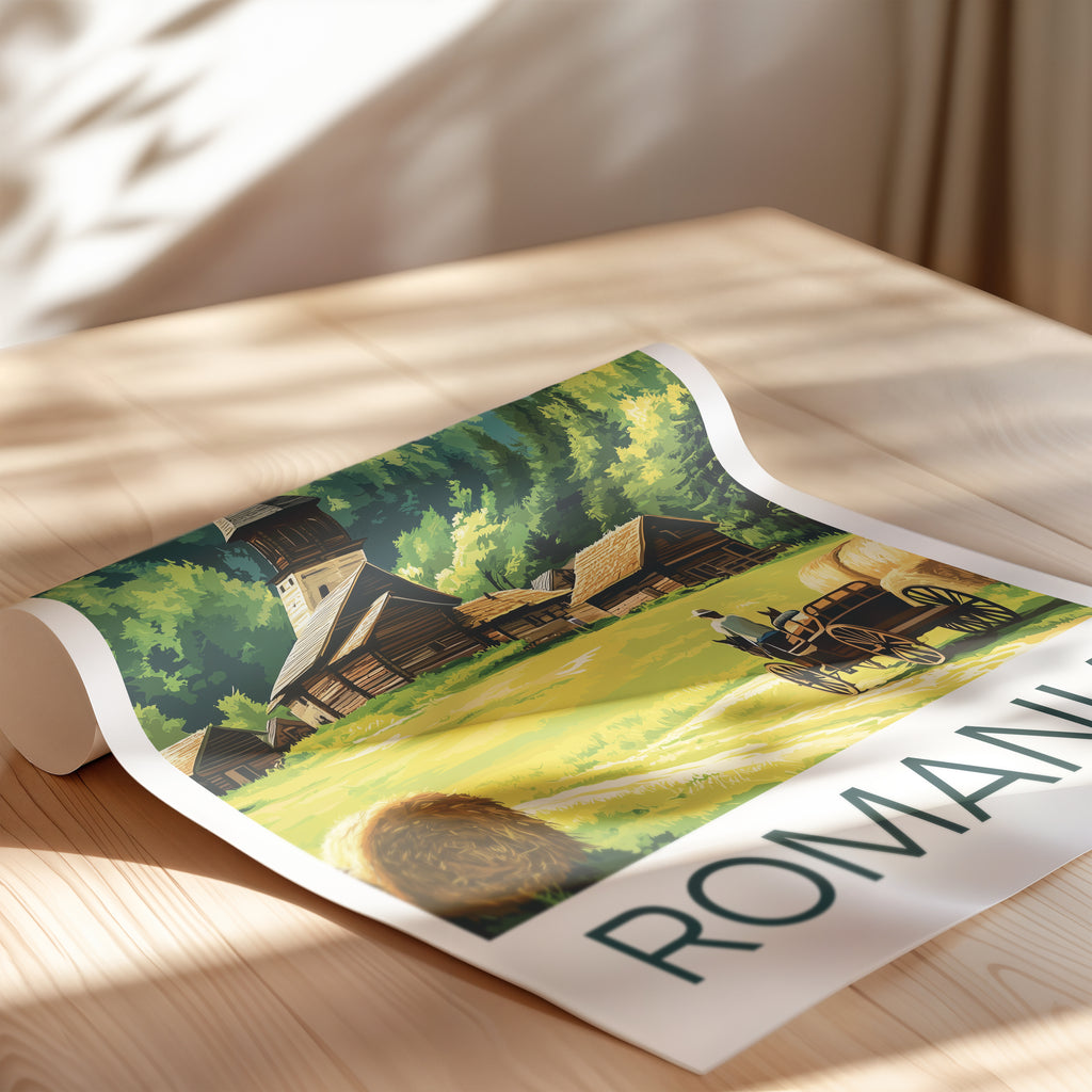 Romania Travel Poster: Traditional Village Maramures Illustration Art