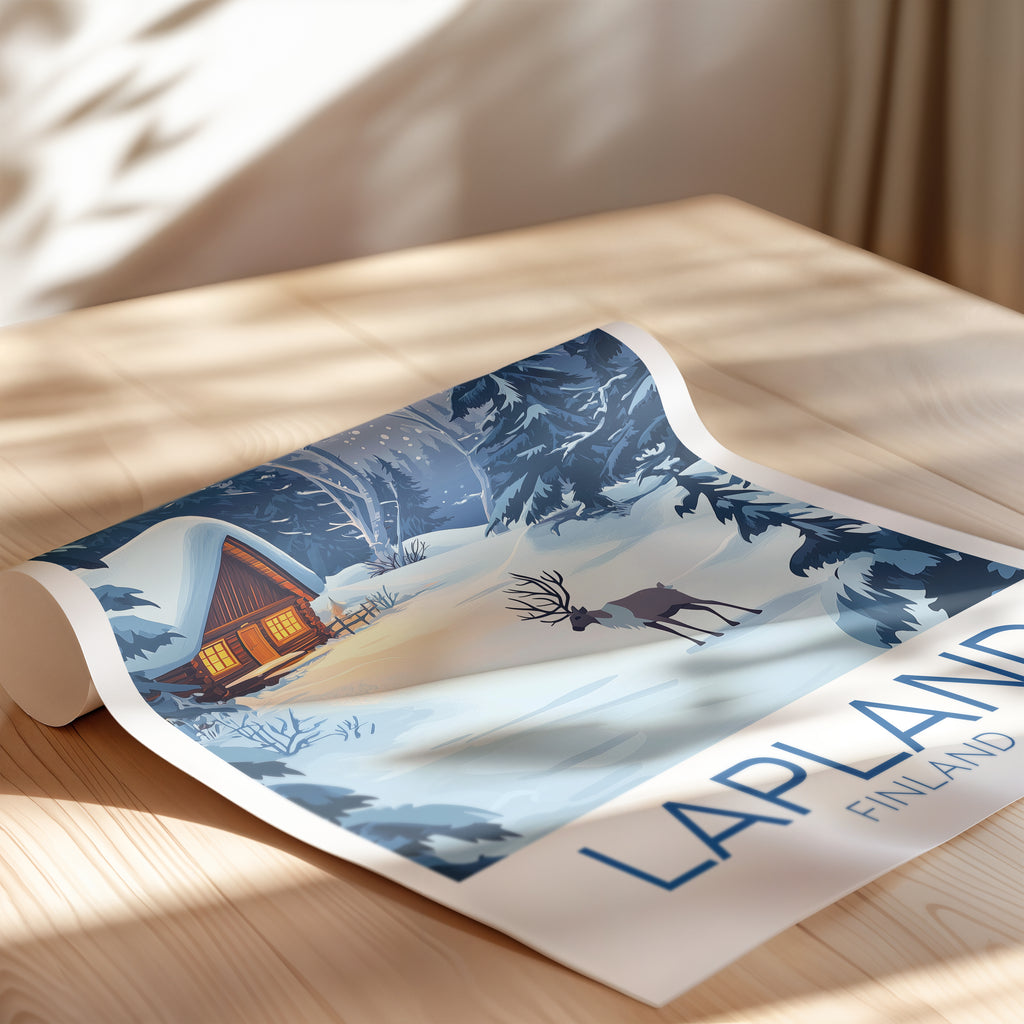 Lapland Travel Poster: Nordic Winter Cabin Illustration Art