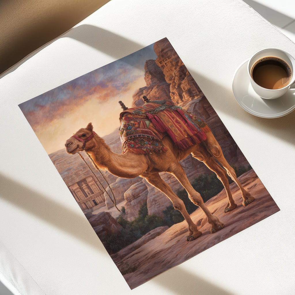 Royal Camel Poster – Desert Animal Art Print, Petra Inspired Wall Decor, Arabian Fantasy Illustration