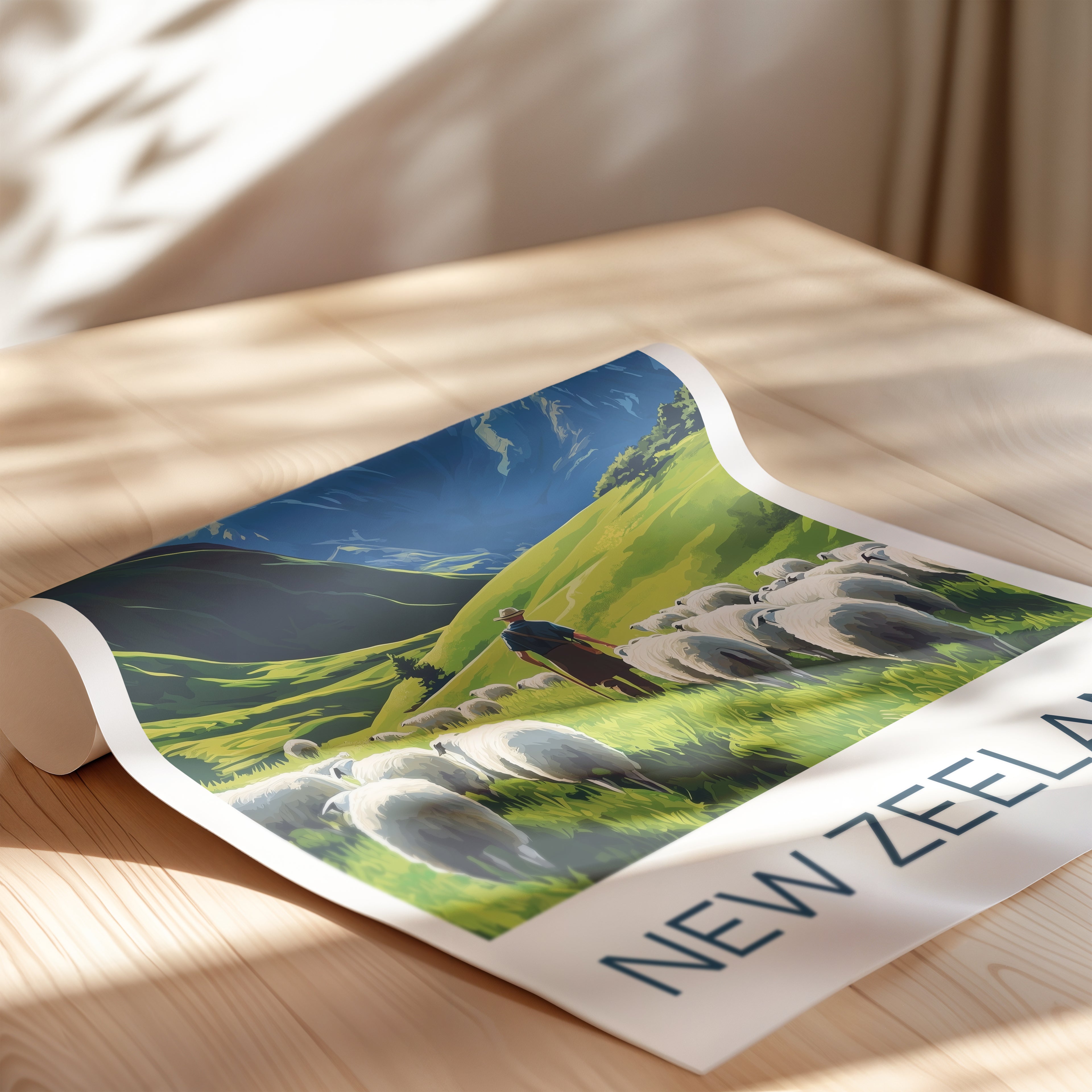 New Zealand Travel Poster: Mountain Landscape Sheep Illustration Art