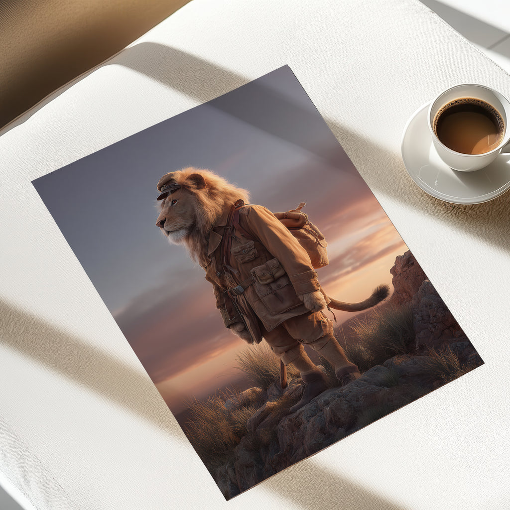 Regal Lion in Africa – Animal Portrait Explorer Wall Art, Colonial Style Wildlife Print