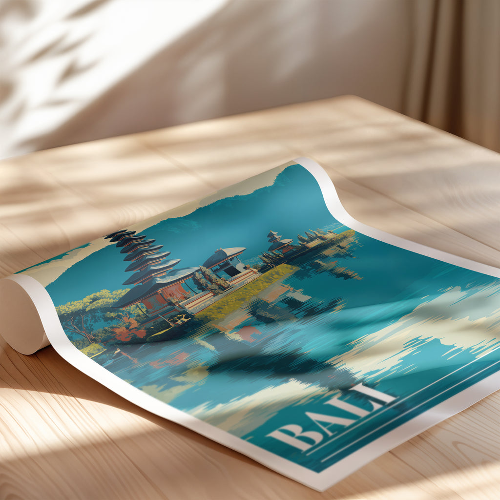 Bali Travel Poster: Ulun Danu Beratan Temple Print, Indonesia Wall Art