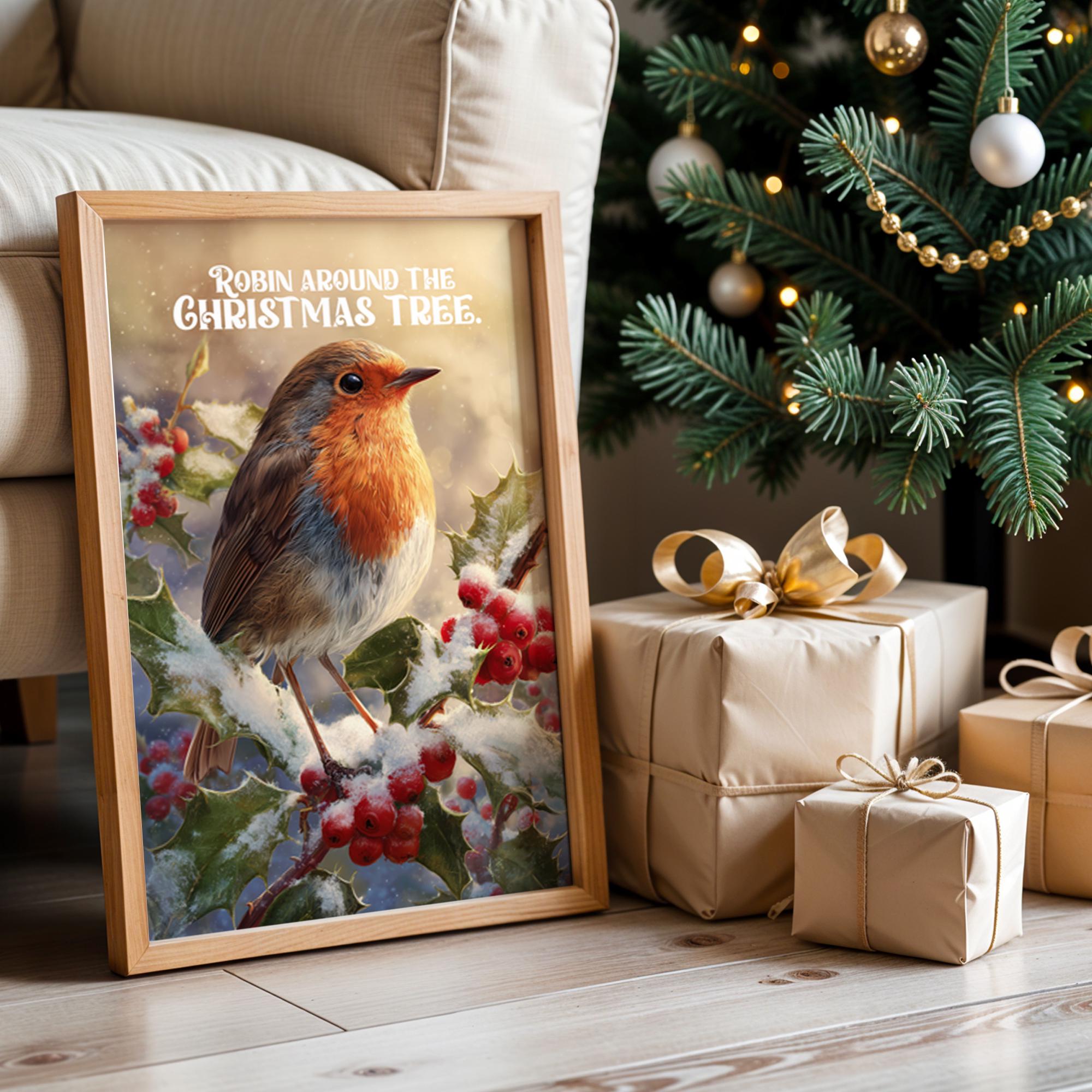 Robin Christmas Tree Poster – Winter Bird Holiday Wall Art