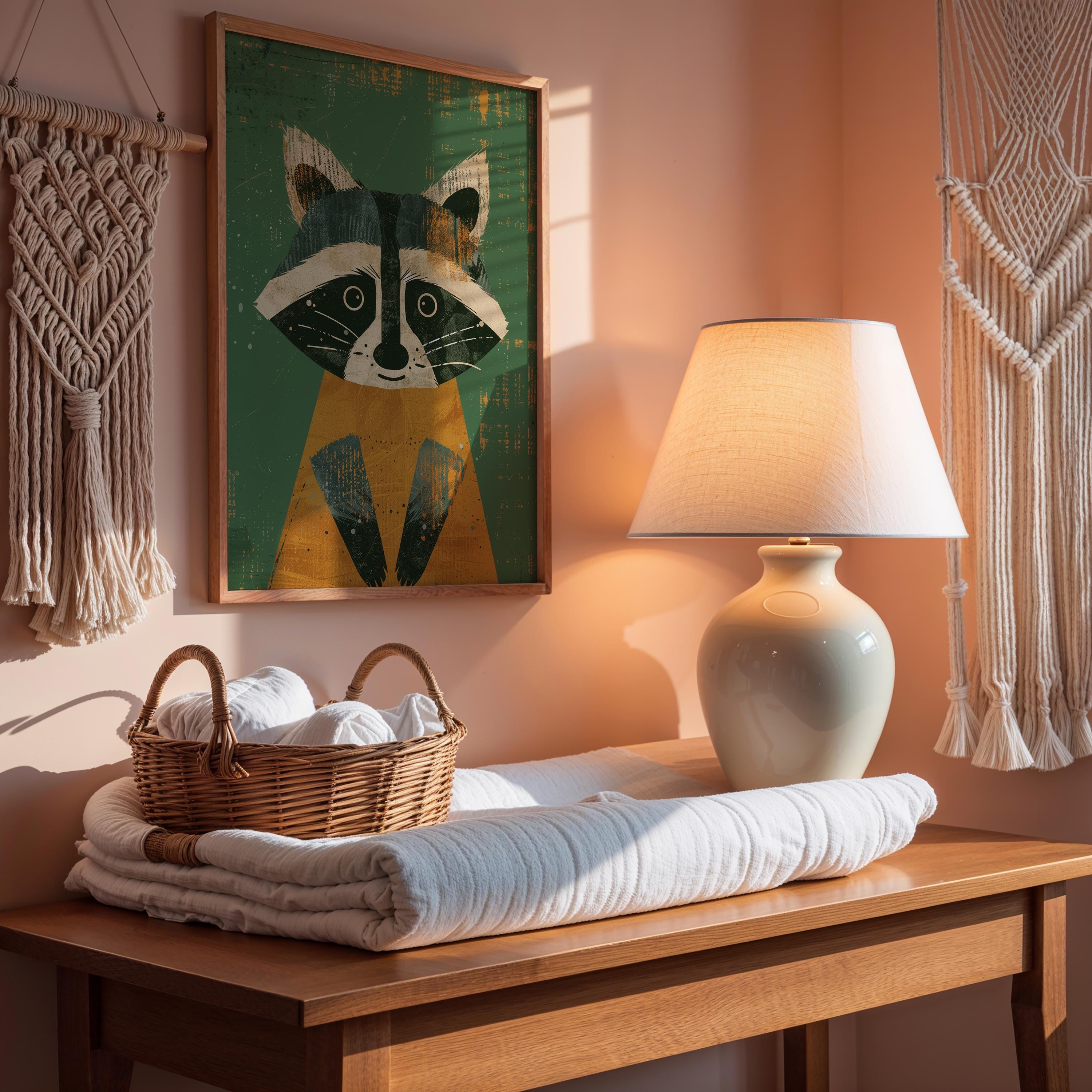 Raccoon Nursery Wall Art – Woodland Animal Print for Kids