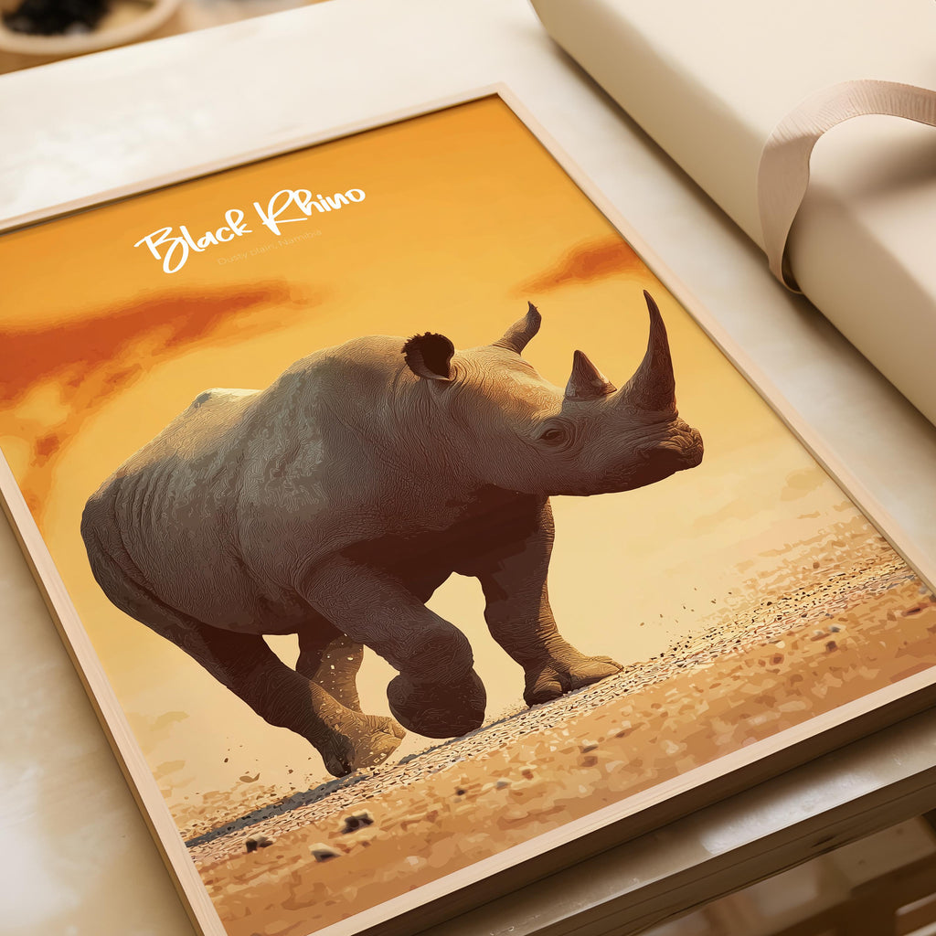 Black Rhino Wall Art Framed Poster – Safari Wildlife Decor for Kids Room or Nursery, Endangered Animal Print, Nature-Inspired Gift