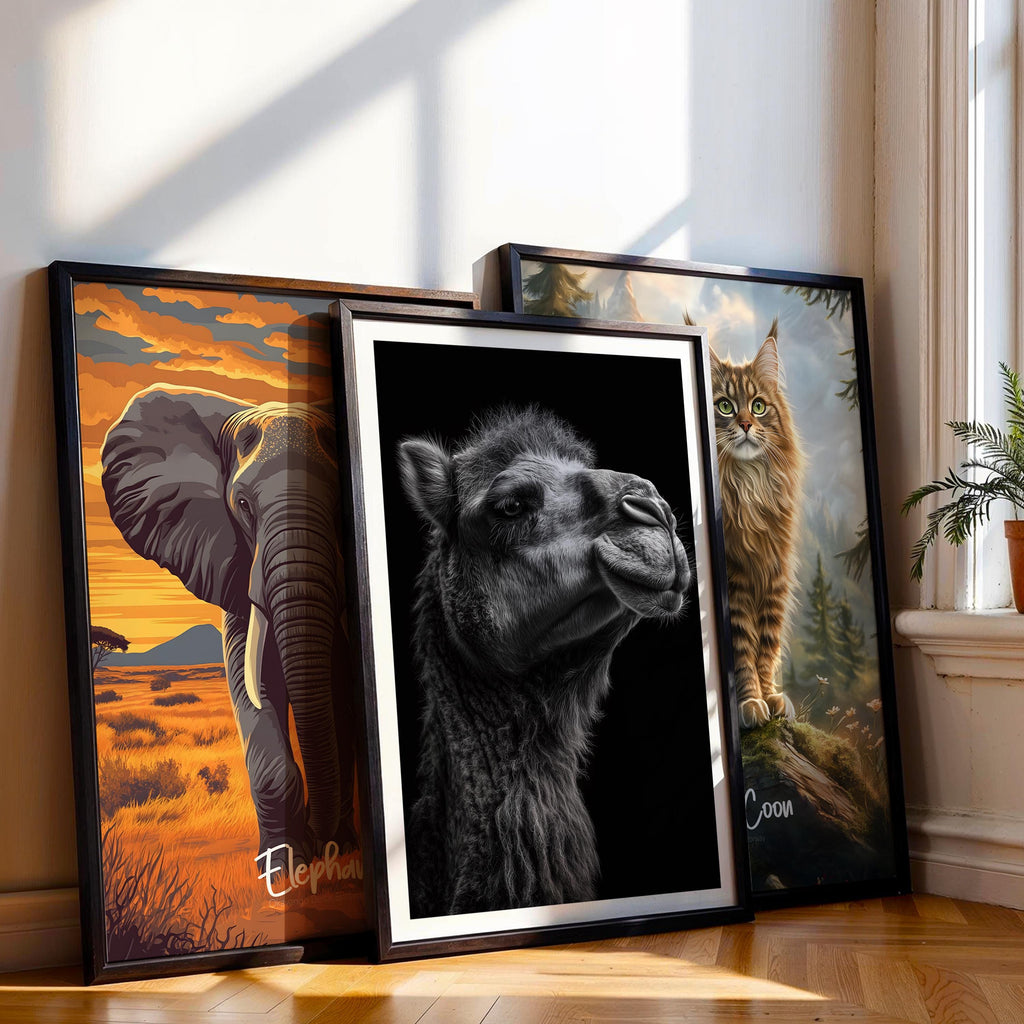 Black and White Camel Print: Desert Wildlife Poster, Monochrome Animal Decor