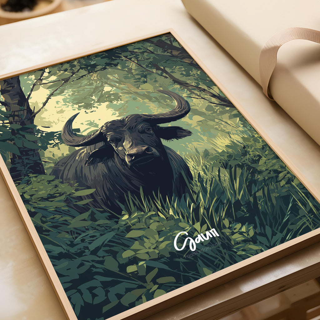 Gaur Framed Art Print: Asian Wildlife Decor for Nursery or Kids Room