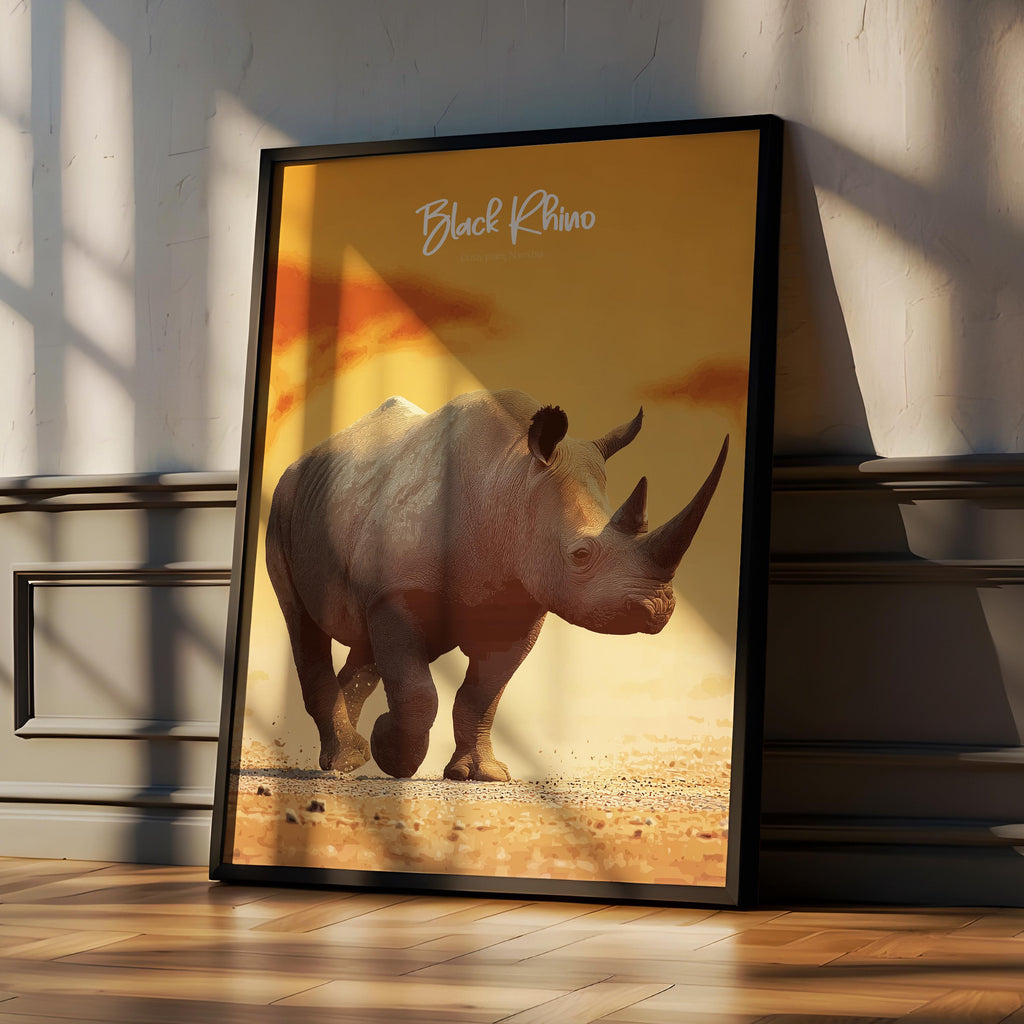Black Rhino Wall Art Framed Poster – Safari Wildlife Decor for Kids Room or Nursery, Endangered Animal Print, Nature-Inspired Gift
