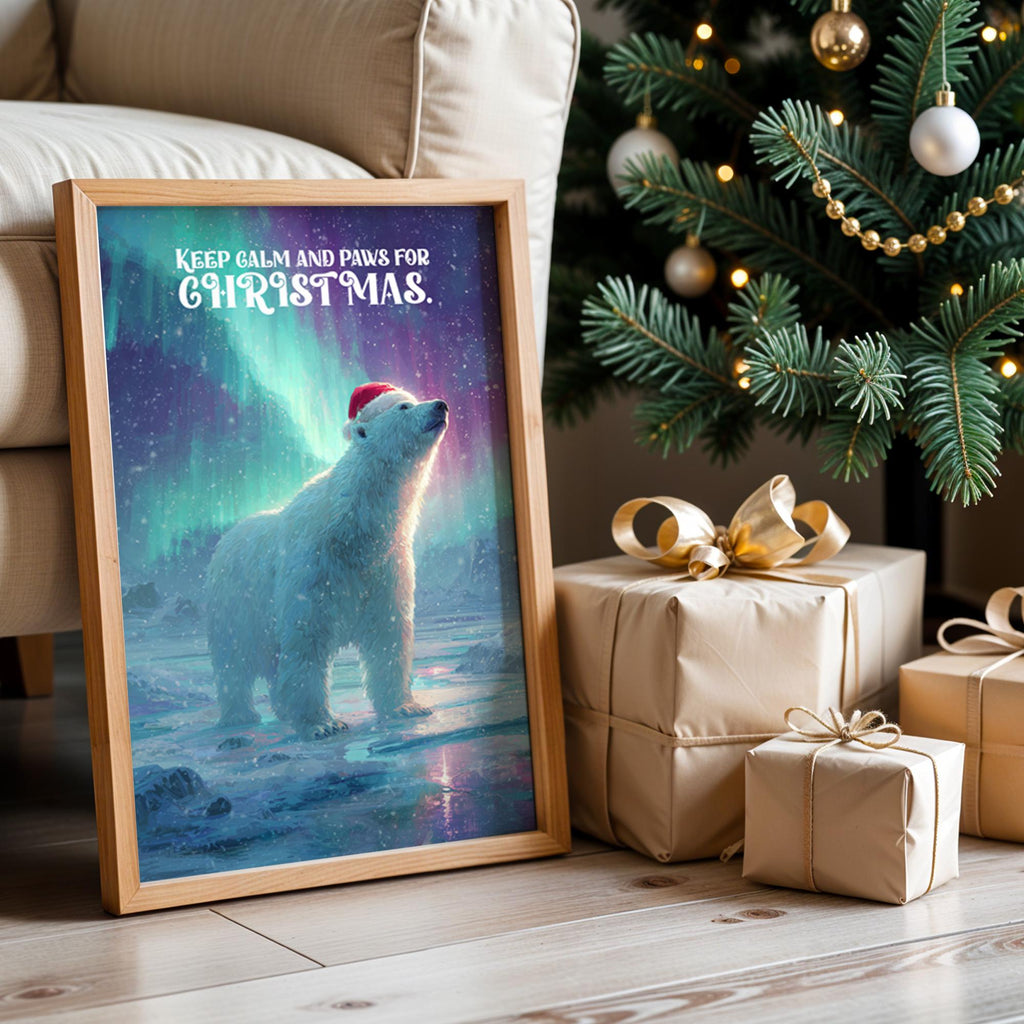 Paws for Christmas Polar Bear Poster – Funny Winter Wall Art with Northern Lights