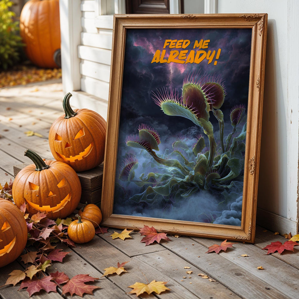 Carnivorous Halloween Poster – Venus Flytrap “Feed Me Already!” Spooky Wall Art