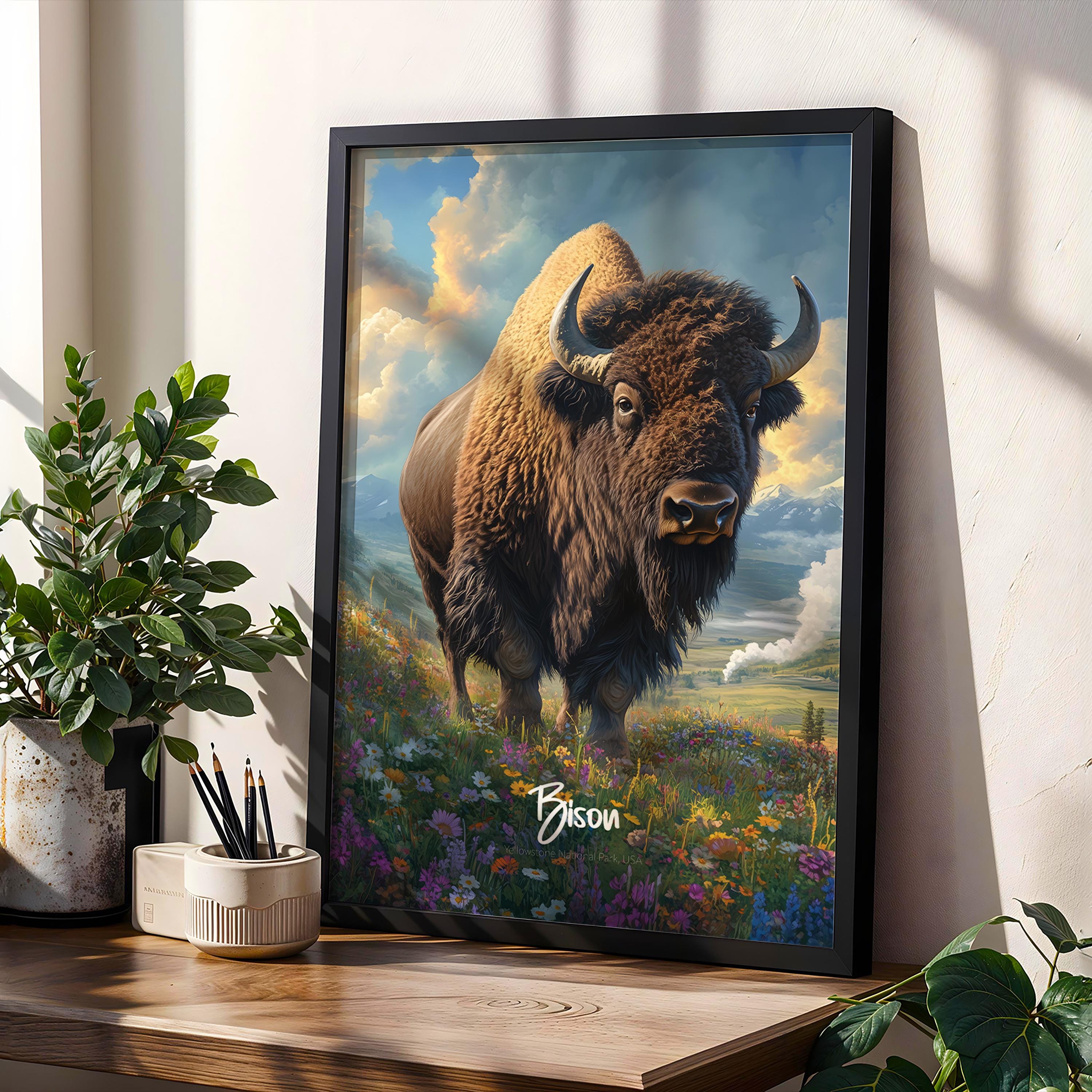 Vintage Bison Print: Rustic Buffalo Illustration, Wildlife Wall Art