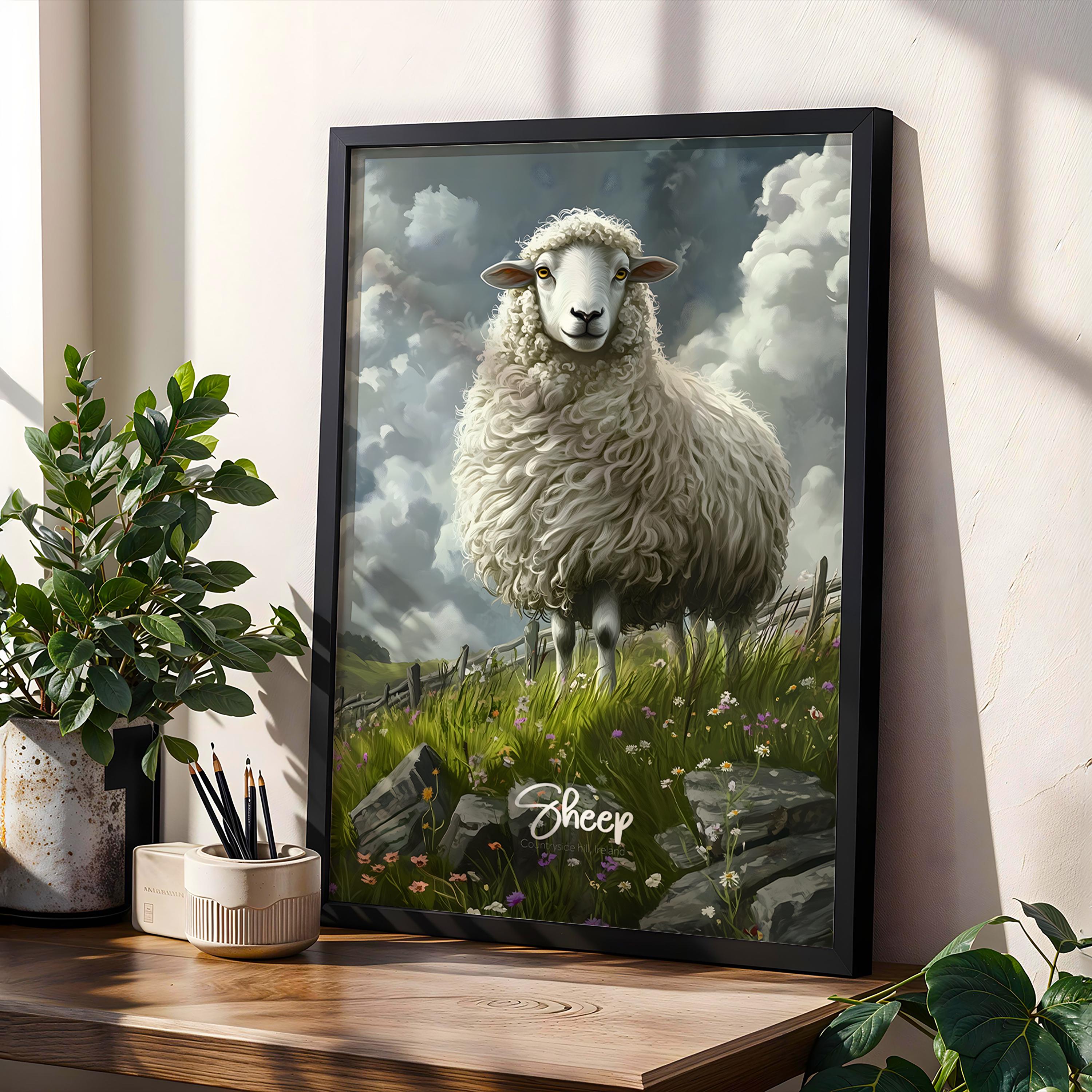 Framed Sheep Art Print: Rustic Farmhouse Animal Poster