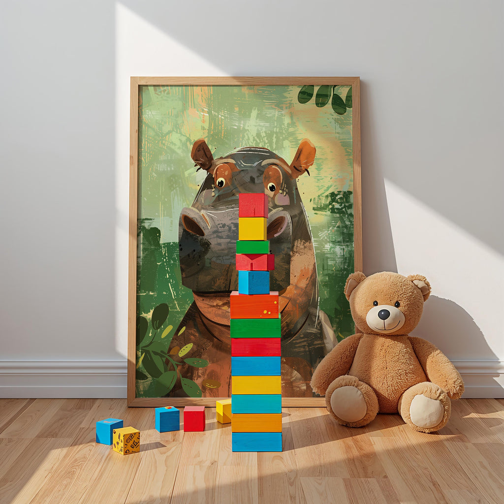 Hippo Nursery Wall Art – Safari Animal Print for Kids