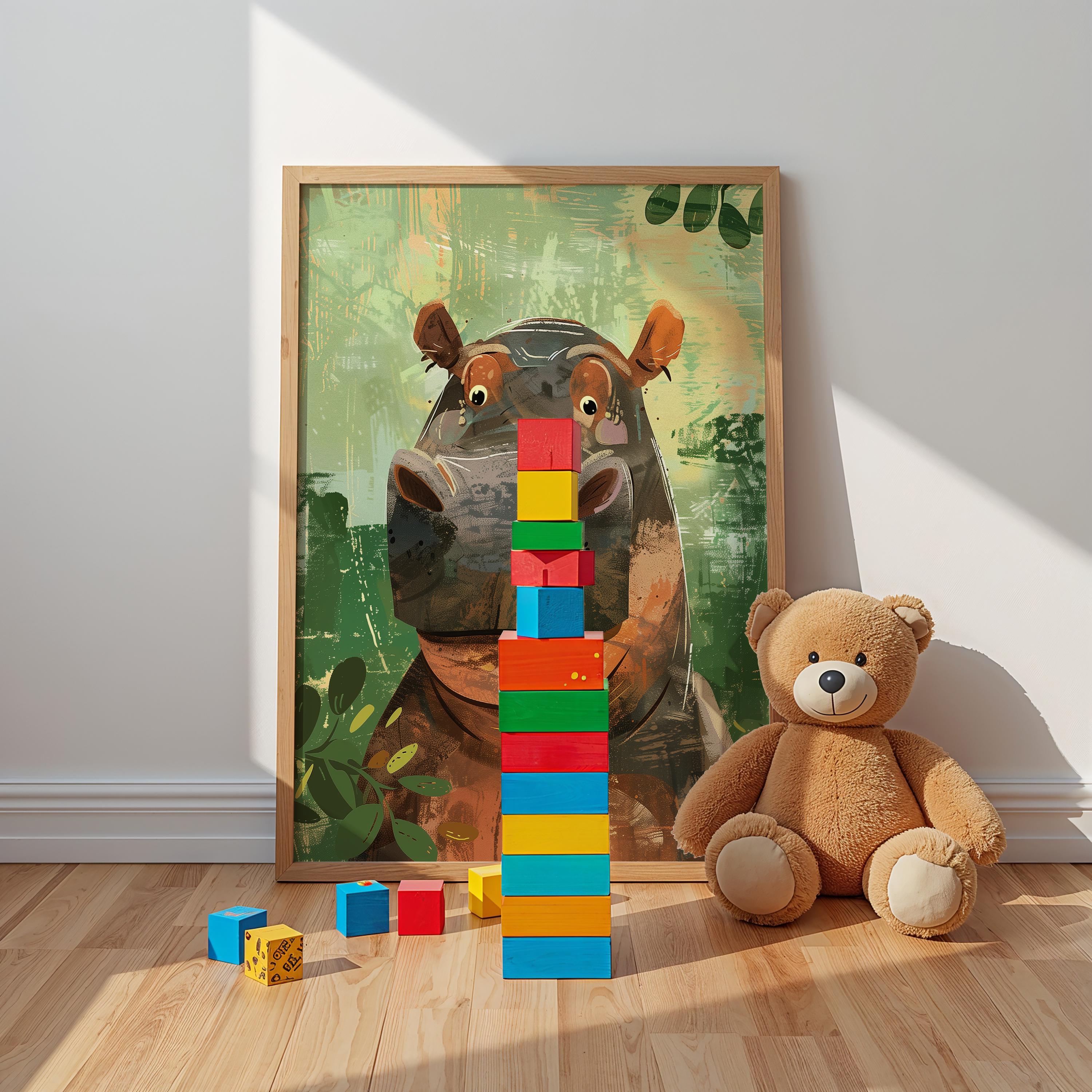 Hippo Nursery Wall Art – Safari Animal Print for Kids