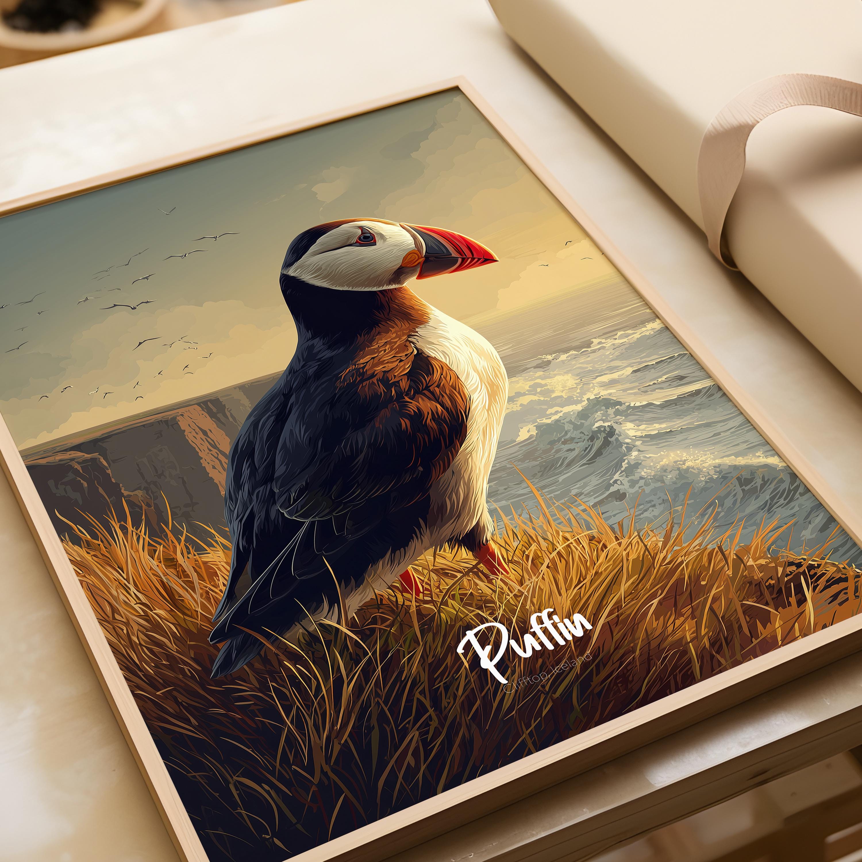 Puffin Framed Poster – Coastal Wildlife Art Print, Kids Room Decor