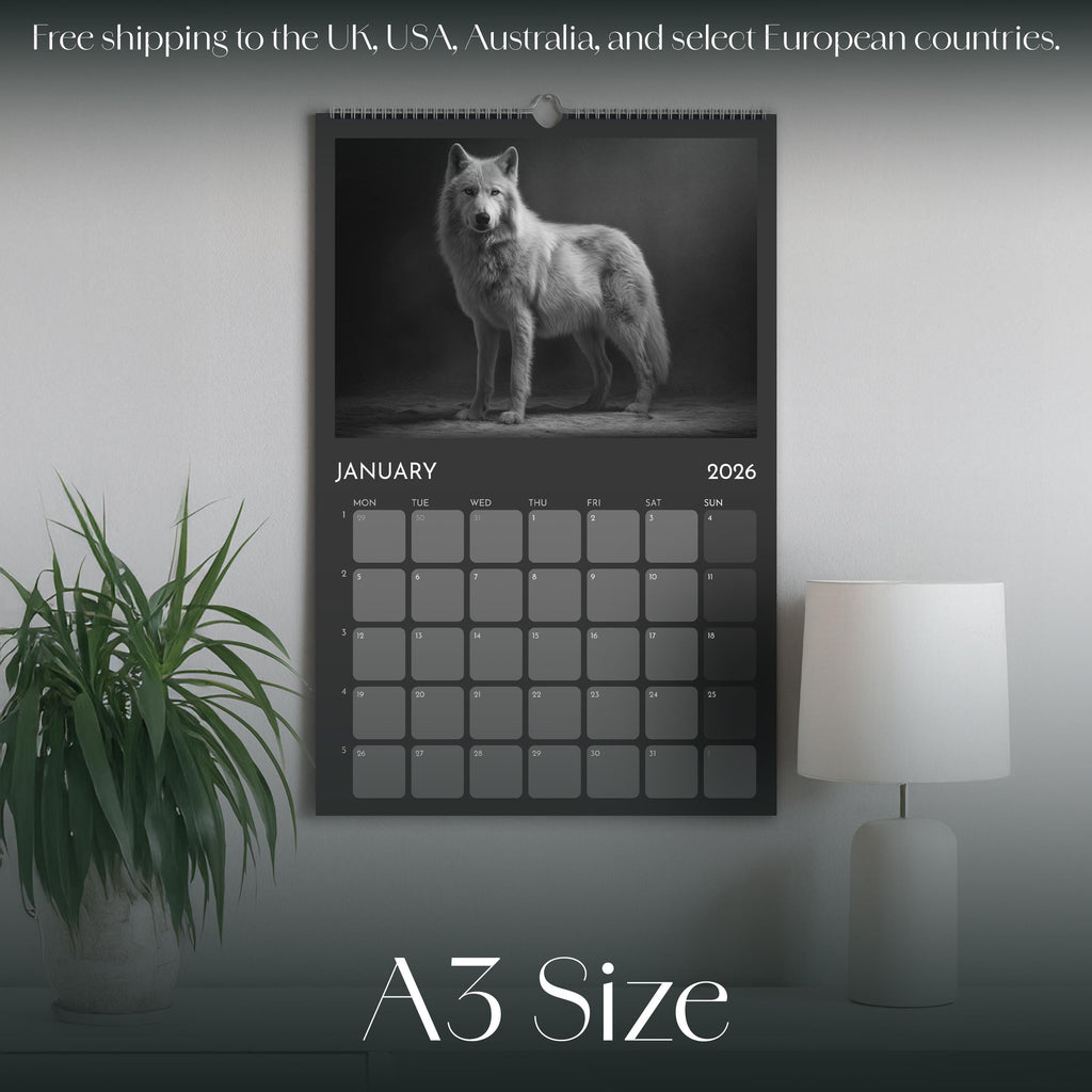 2026 Wildlife Calendar A3: Black & White Animal Photography Wall Planner