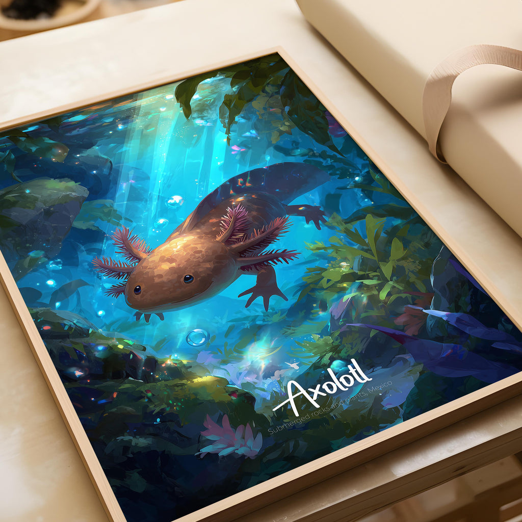 Axolotl Wall Art Print | Cute Aquatic Animal Poster for Kids Room, Nursery or Office | Unique Gift for Amphibian Lovers