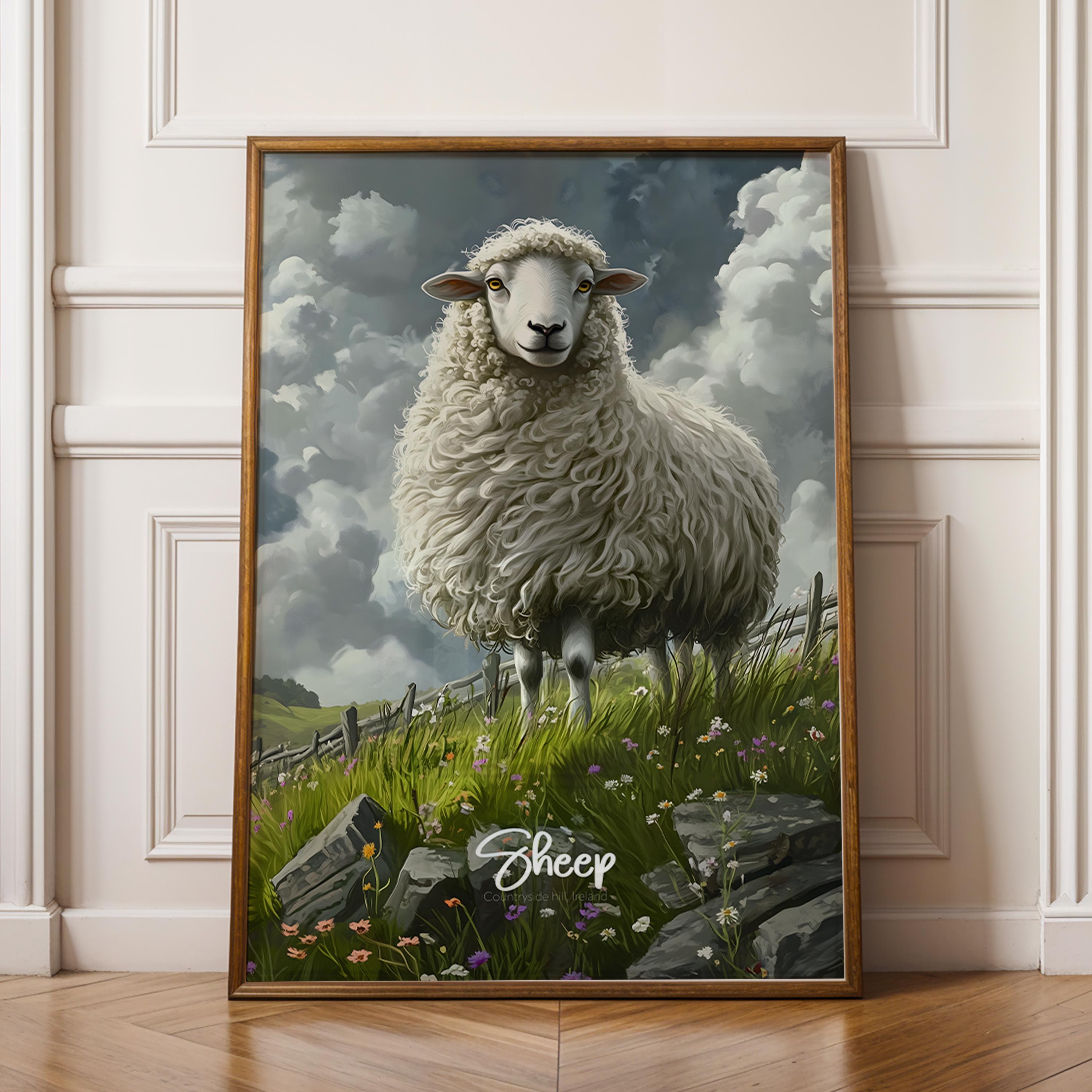 Framed Sheep Art Print: Rustic Farmhouse Animal Poster